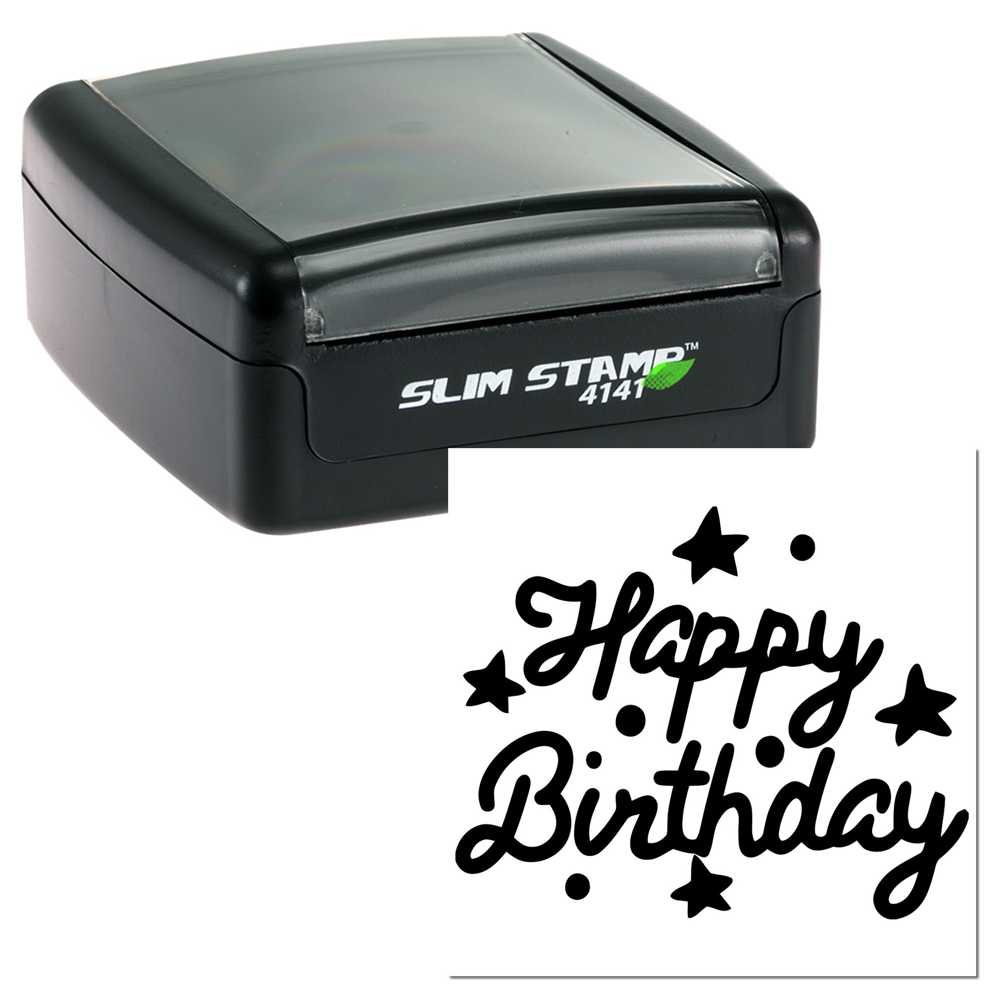 Slim Stamp 4141 self-inking rubber stamp with Happy Birthday impression for cards, invitations, and crafts.