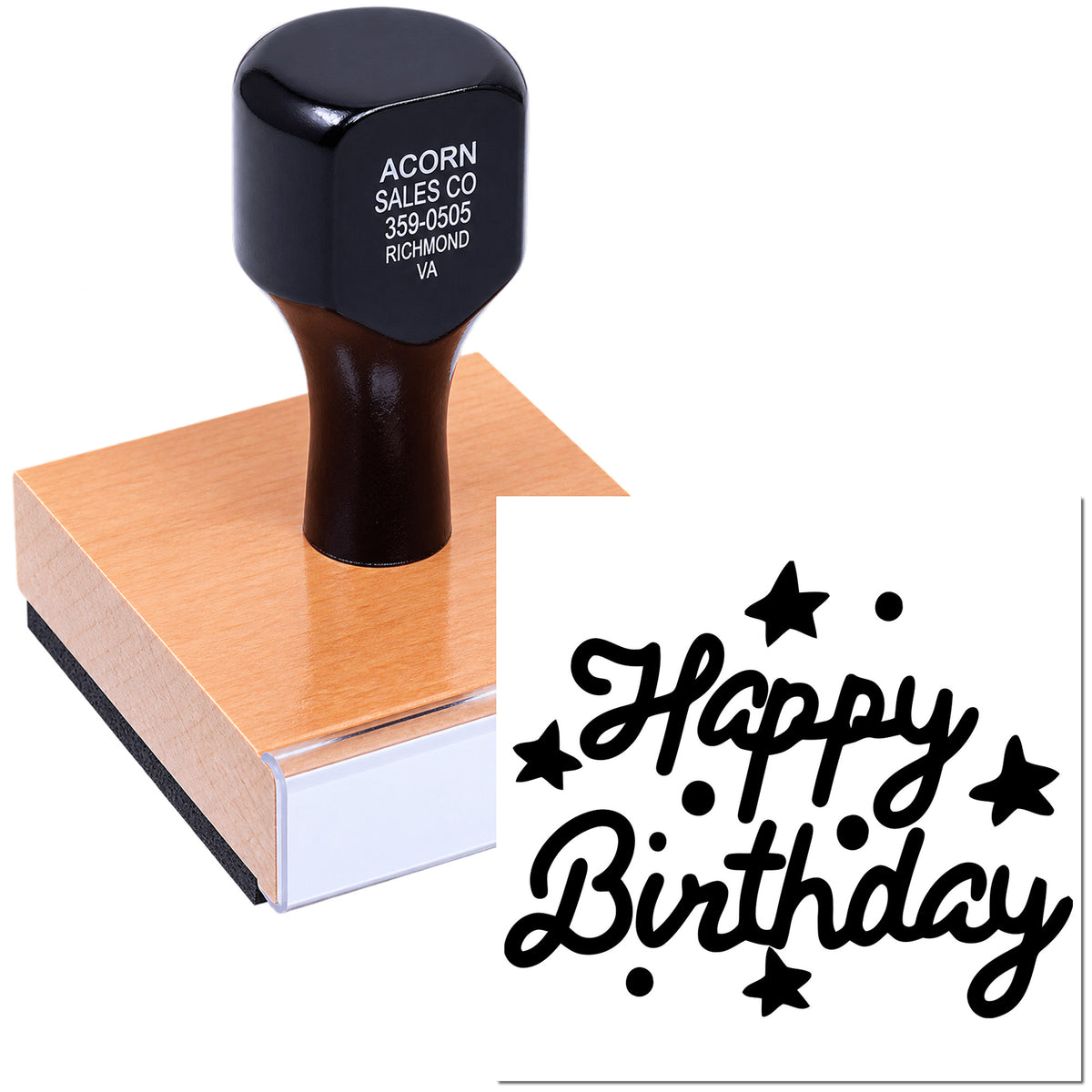 Custom Happy Birthday rubber stamp with stars, shown with wood block and stamped impression.