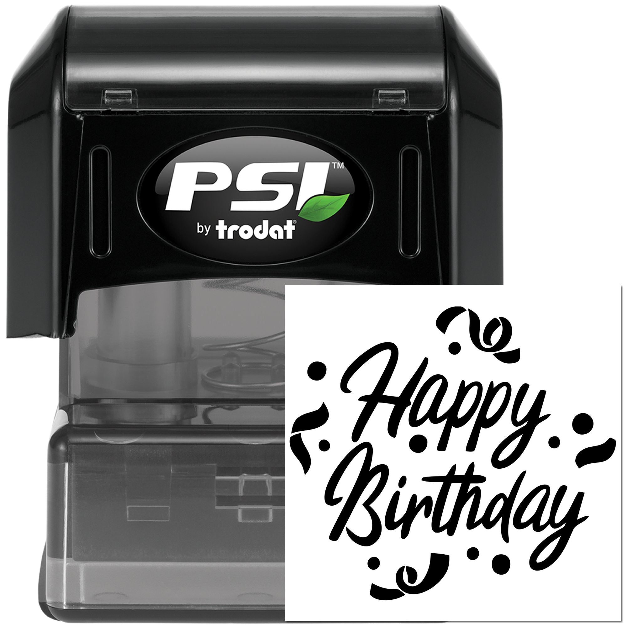 PSI by Trodat self-inking rubber stamp with Happy Birthday design for cards, gifts, and custom birthday packaging.