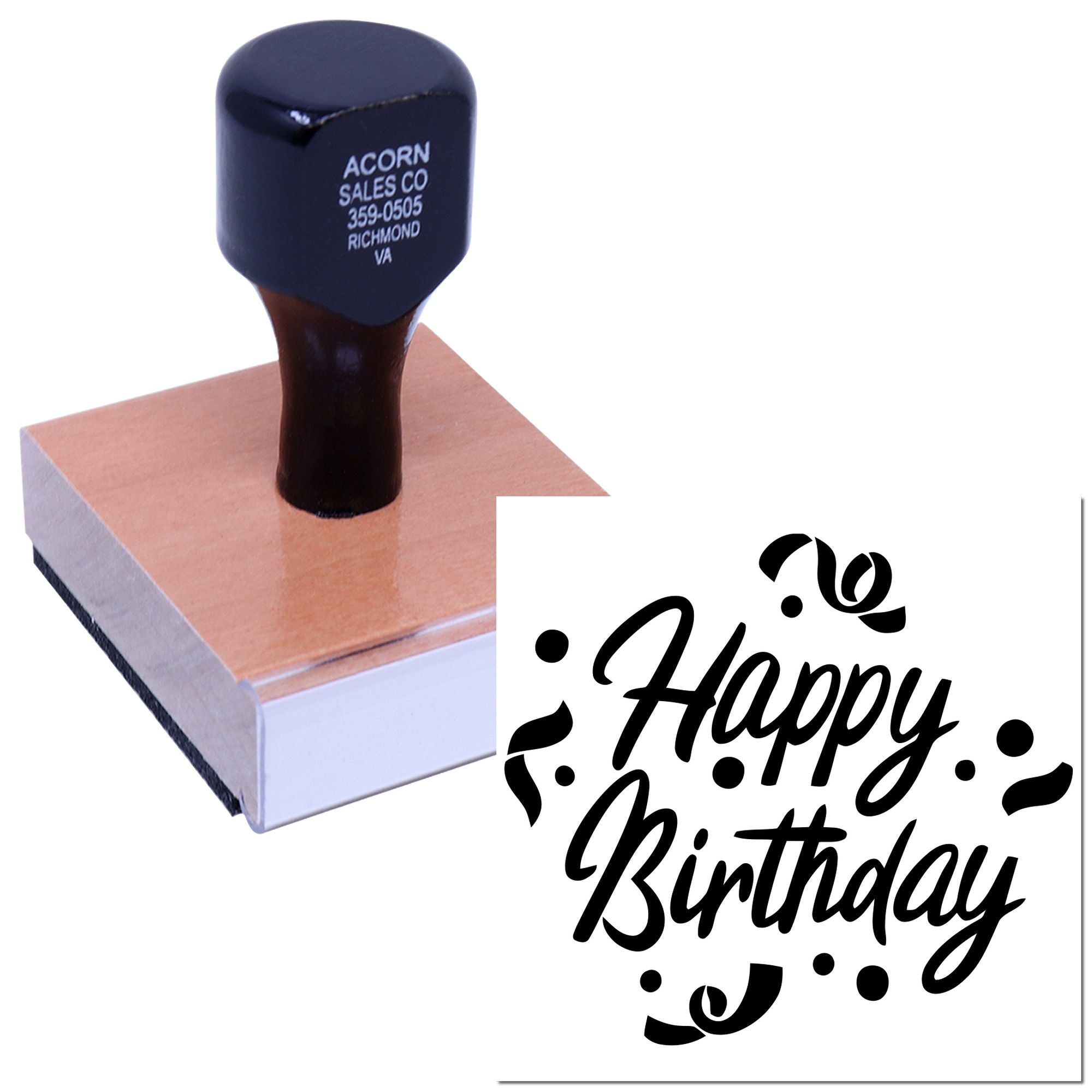 Custom Happy Birthday rubber stamp with floral script design for cards, invitations, crafts, and birthday packaging.