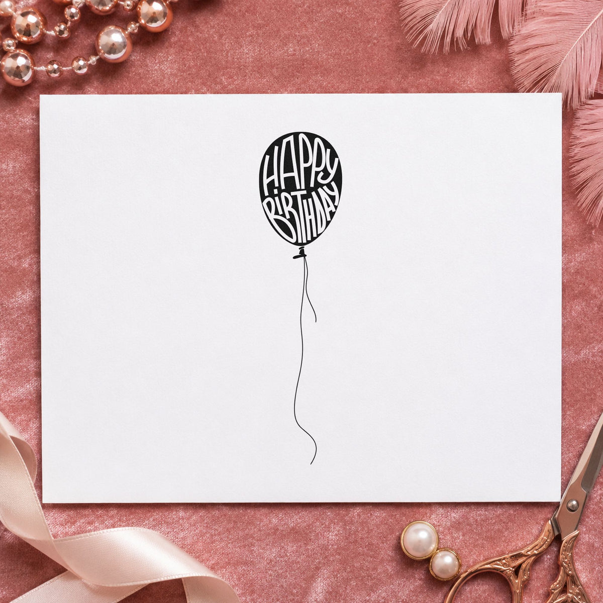 Happy Birthday Single Balloon craft stamp in black ink on cardstock, an easy option for museum party album page.