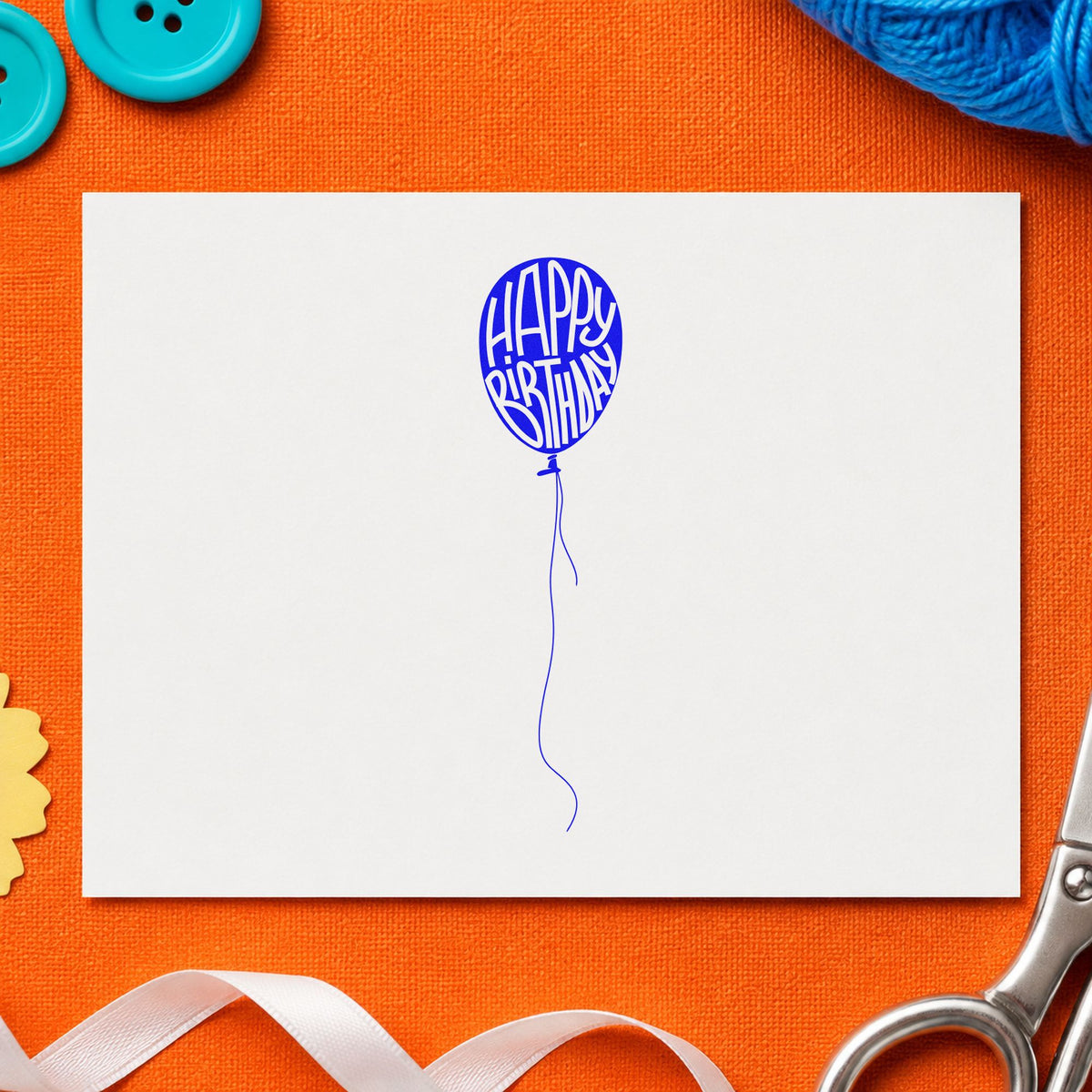 Happy Birthday Single Balloon craft stamp imprinted in purple ink on paper, a design suited to framed party room.