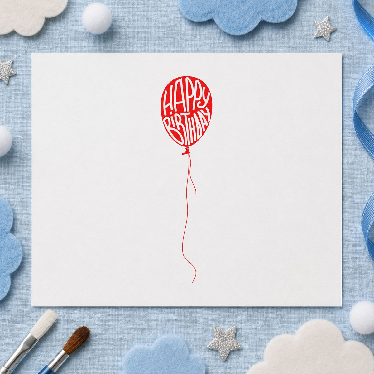 Happy Birthday Single Balloon rubber stamp shown in purple ink, stamped for projects such as bin kit labels.