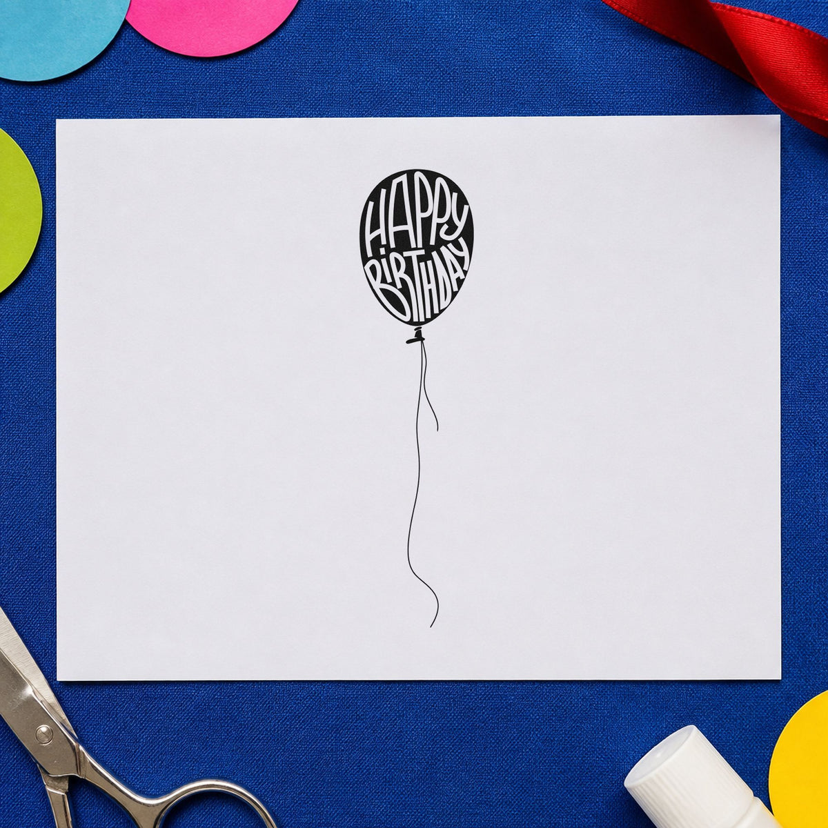 Happy Birthday Single Balloon rubber stamp printed in black ink, ready for trailing string cards and similar paper crafts.