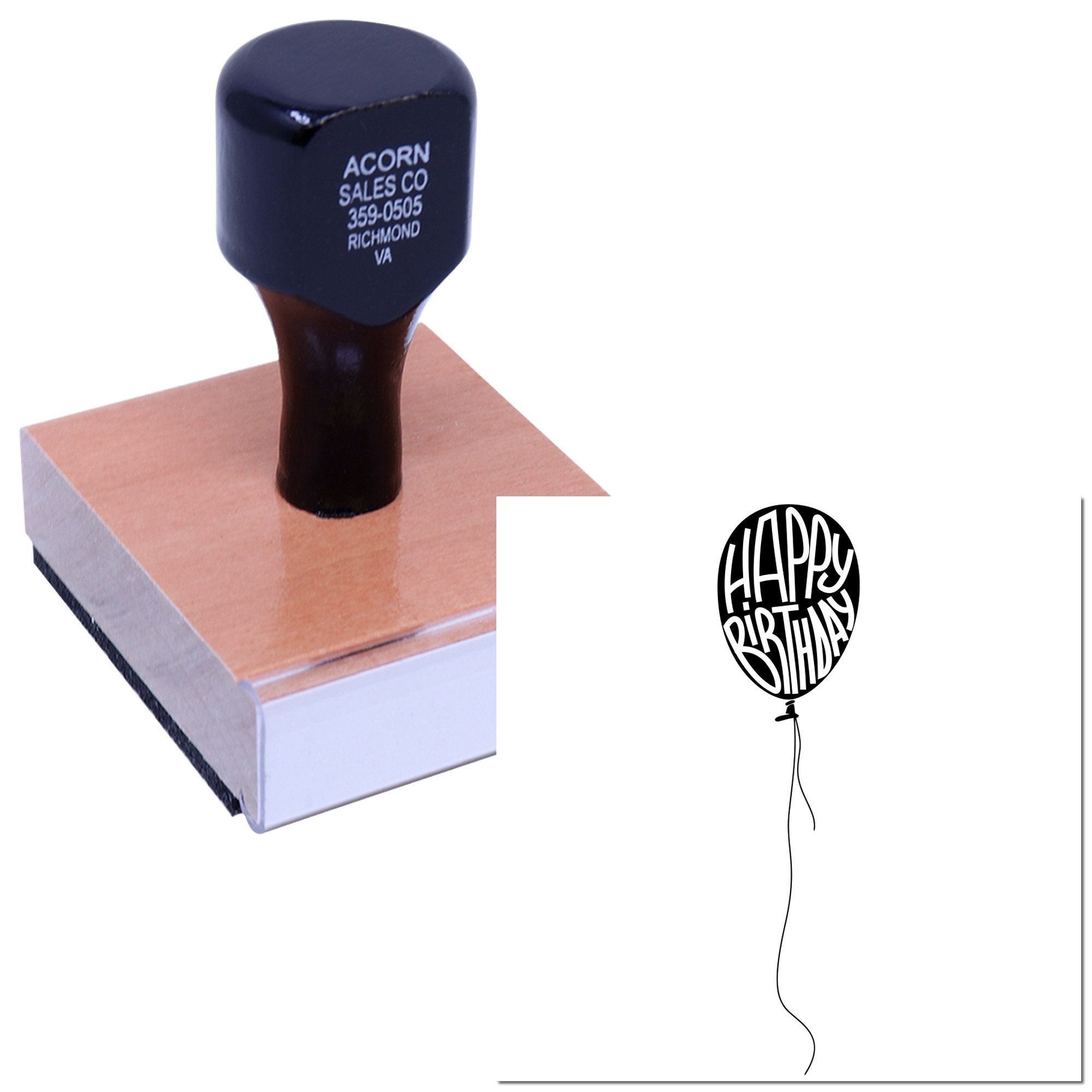 Custom rubber stamp with personalized logo on ink pad, shown with Happy Birthday balloon design for business and party use.