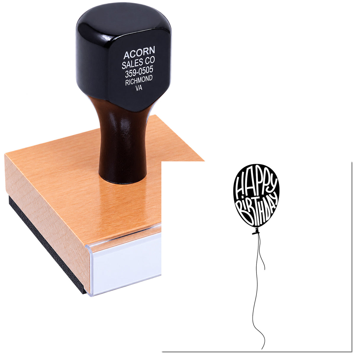Custom rubber stamp with personalized logo on ink pad, shown with Happy Birthday balloon design for business and party use.