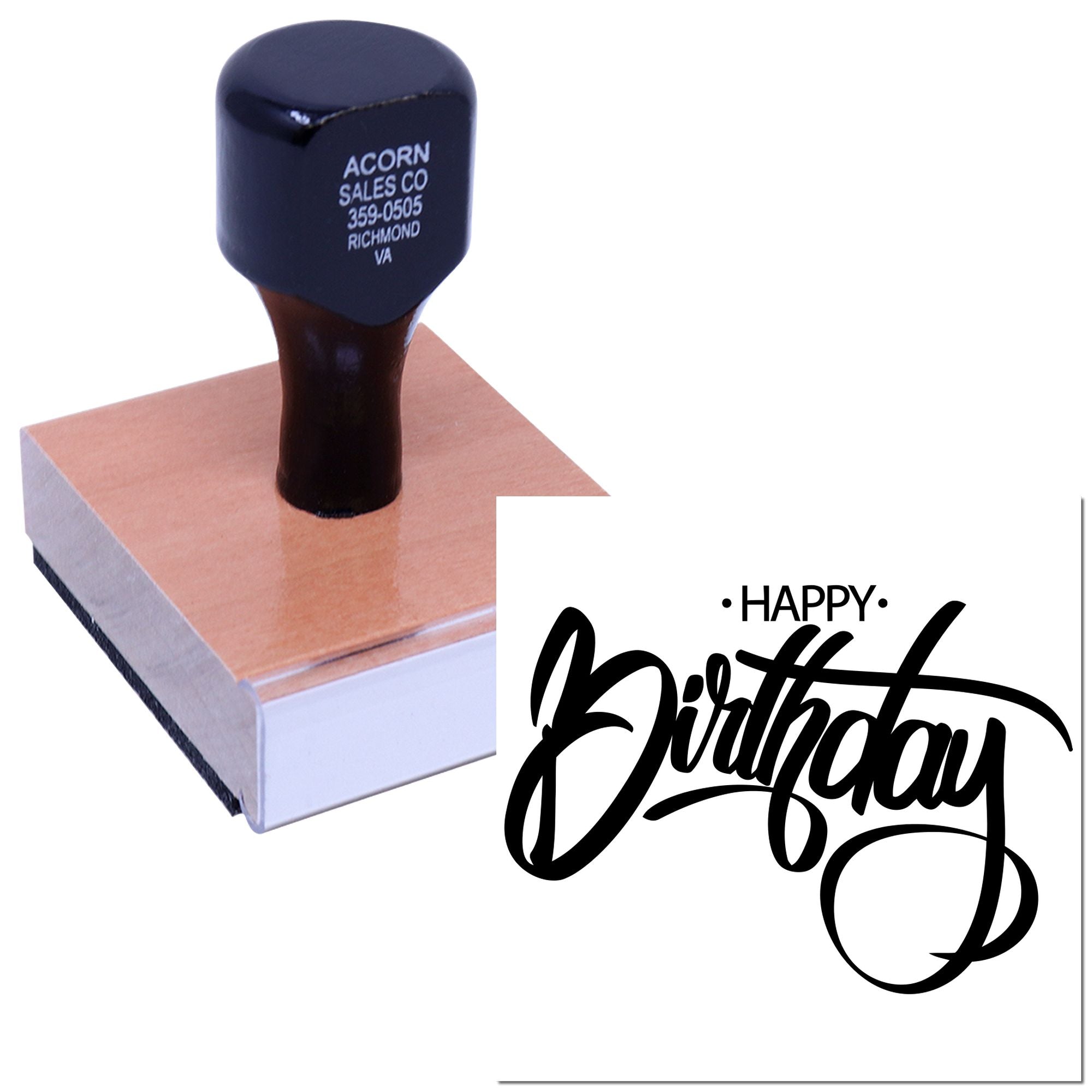 Custom Happy Birthday rubber stamp on wood base for greeting cards, invitations, and handmade crafts.
