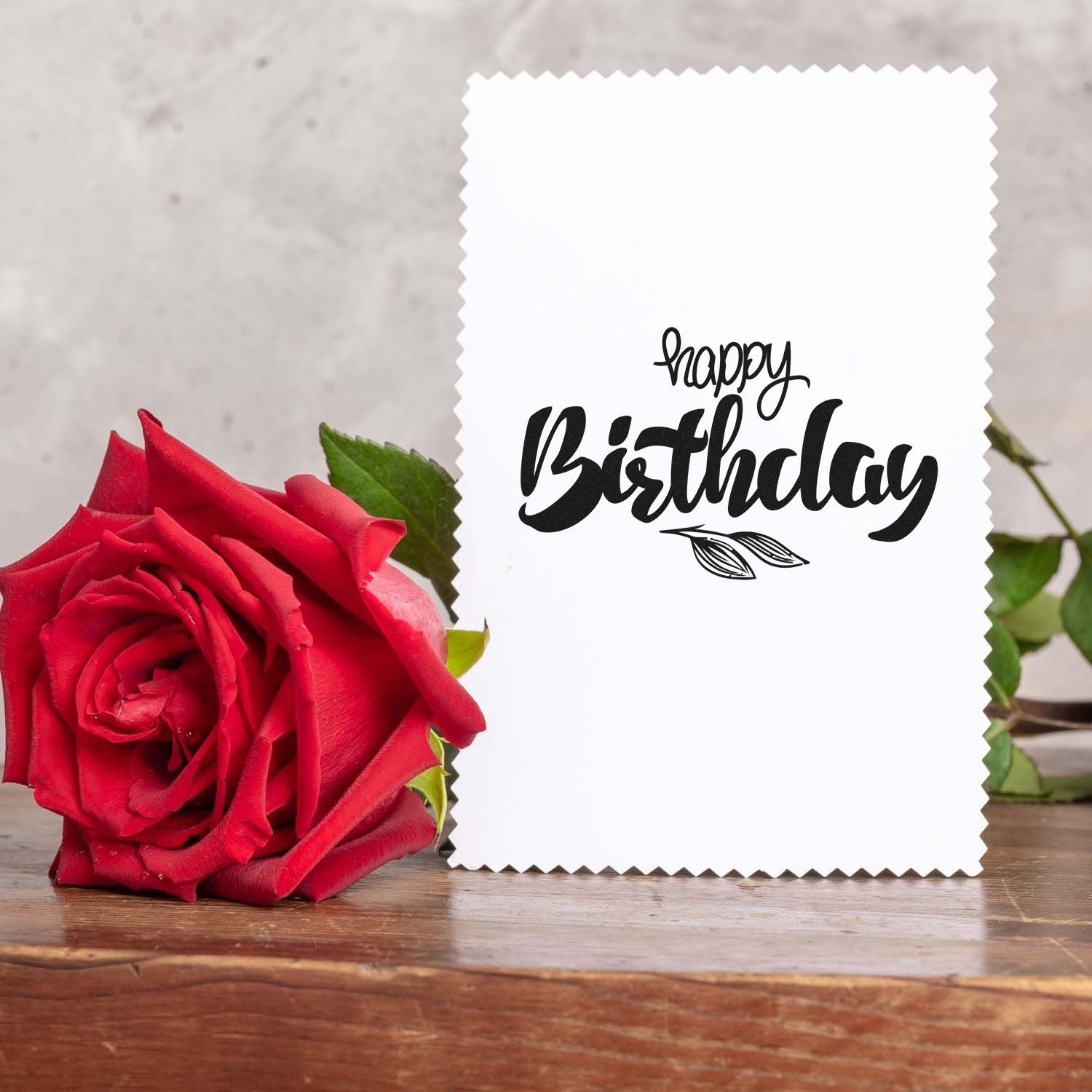 Happy Birthday rubber stamp design on scalloped card with red rose for floral greeting cards.