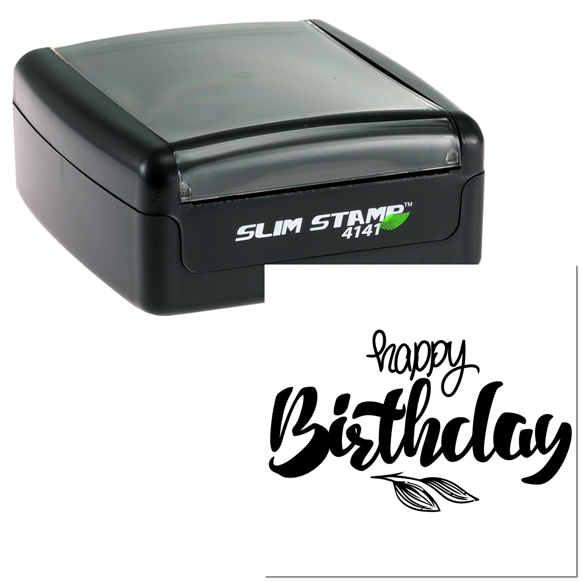 Slim self-inking rubber stamp with Happy Birthday design for custom birthday cards, invitations, and crafts.