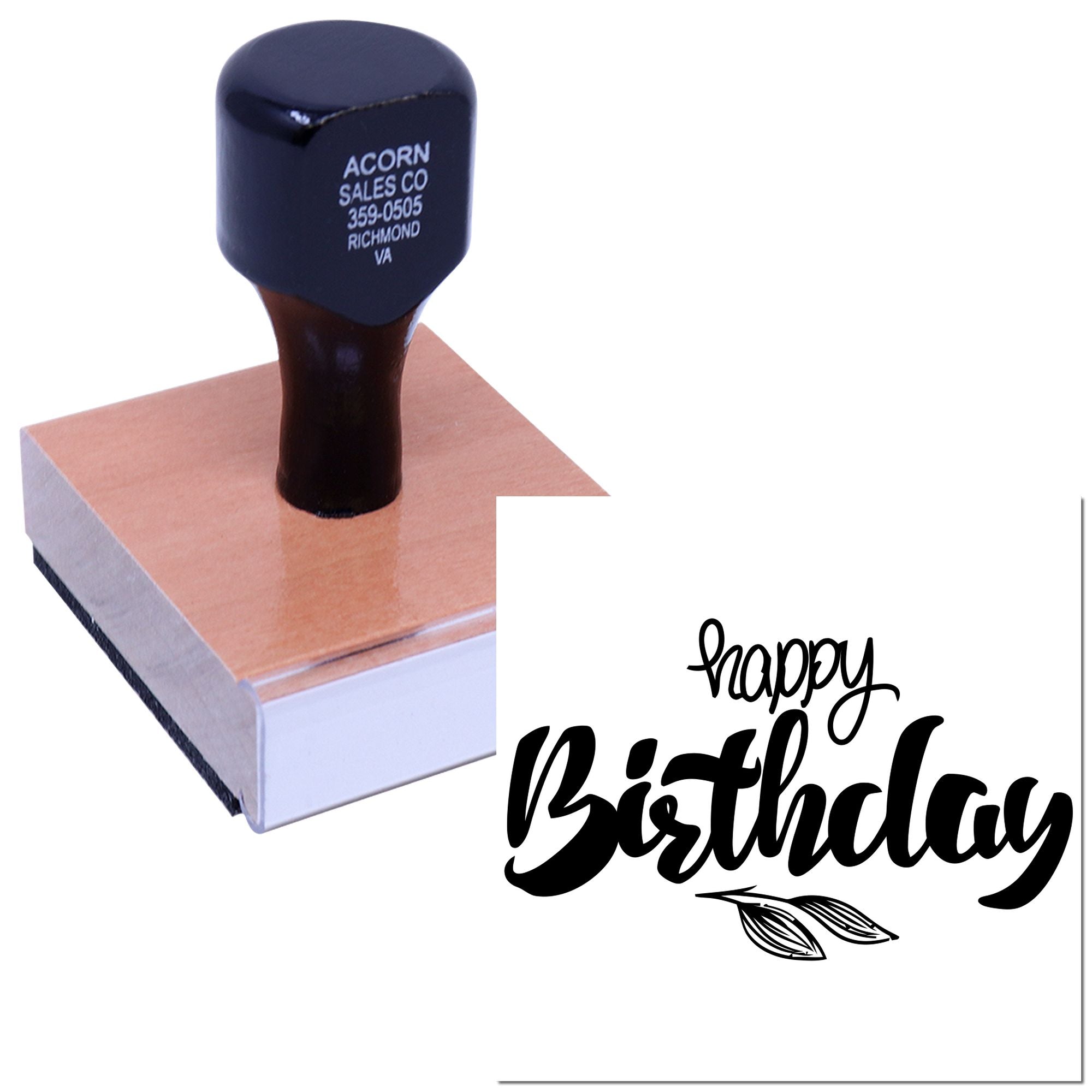 Happy Birthday rubber stamp with decorative script for custom greeting cards, party invitations, and scrapbooking.