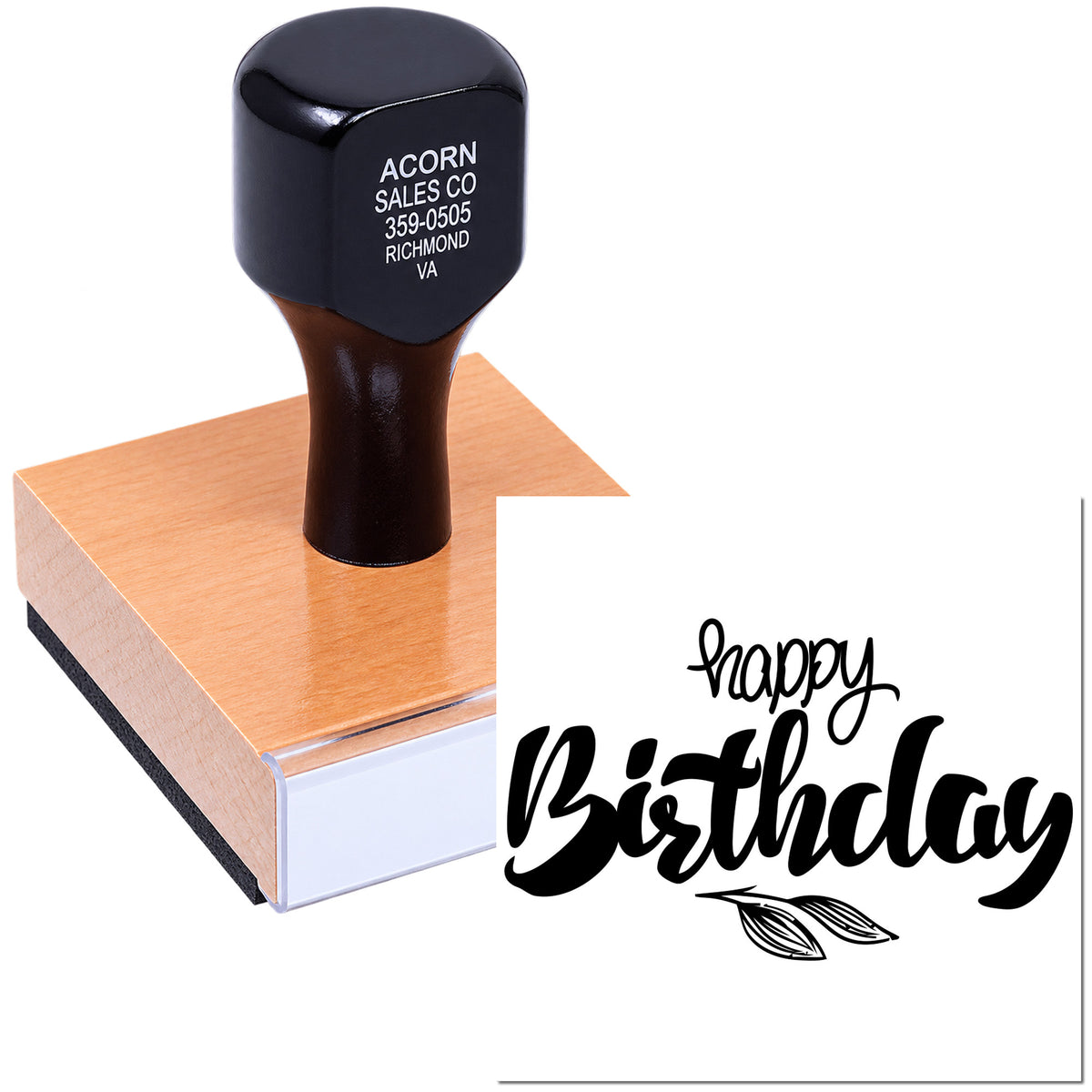 Happy Birthday rubber stamp with decorative script for custom greeting cards, party invitations, and scrapbooking.