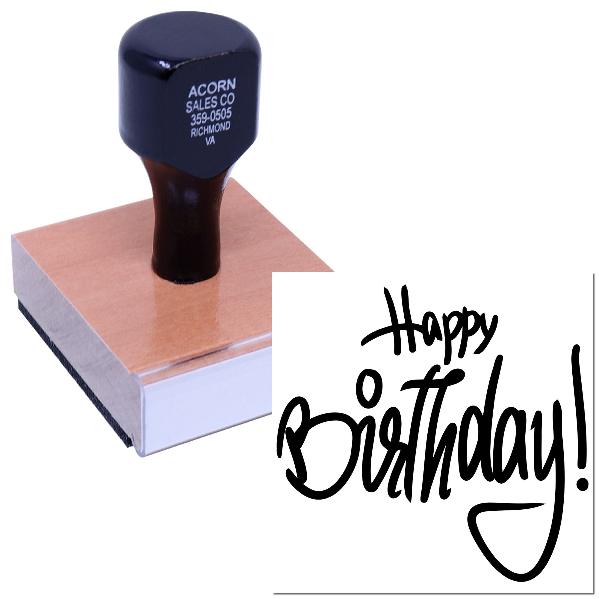 Custom Happy Birthday rubber stamp for cards, invitations, and party crafts.