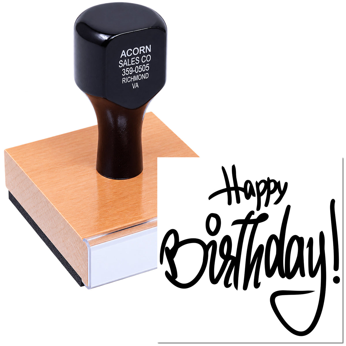 Custom Happy Birthday rubber stamp for cards, invitations, and party crafts.