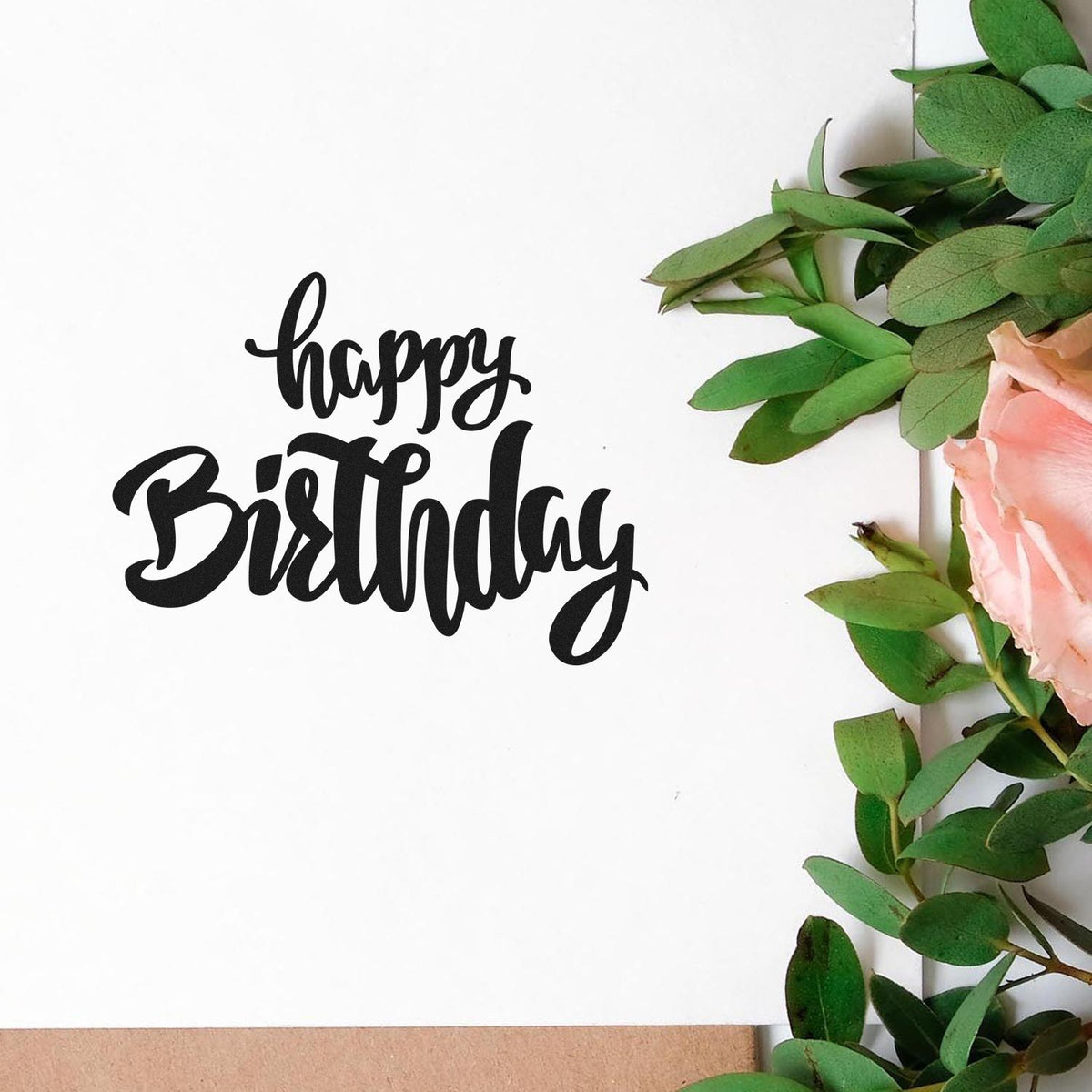 Happy Birthday Heavy Script Stamp – PSI Pre-Inked imprint stamped in black ink. happy Birthday appears in two lines of thick flowing brush script.