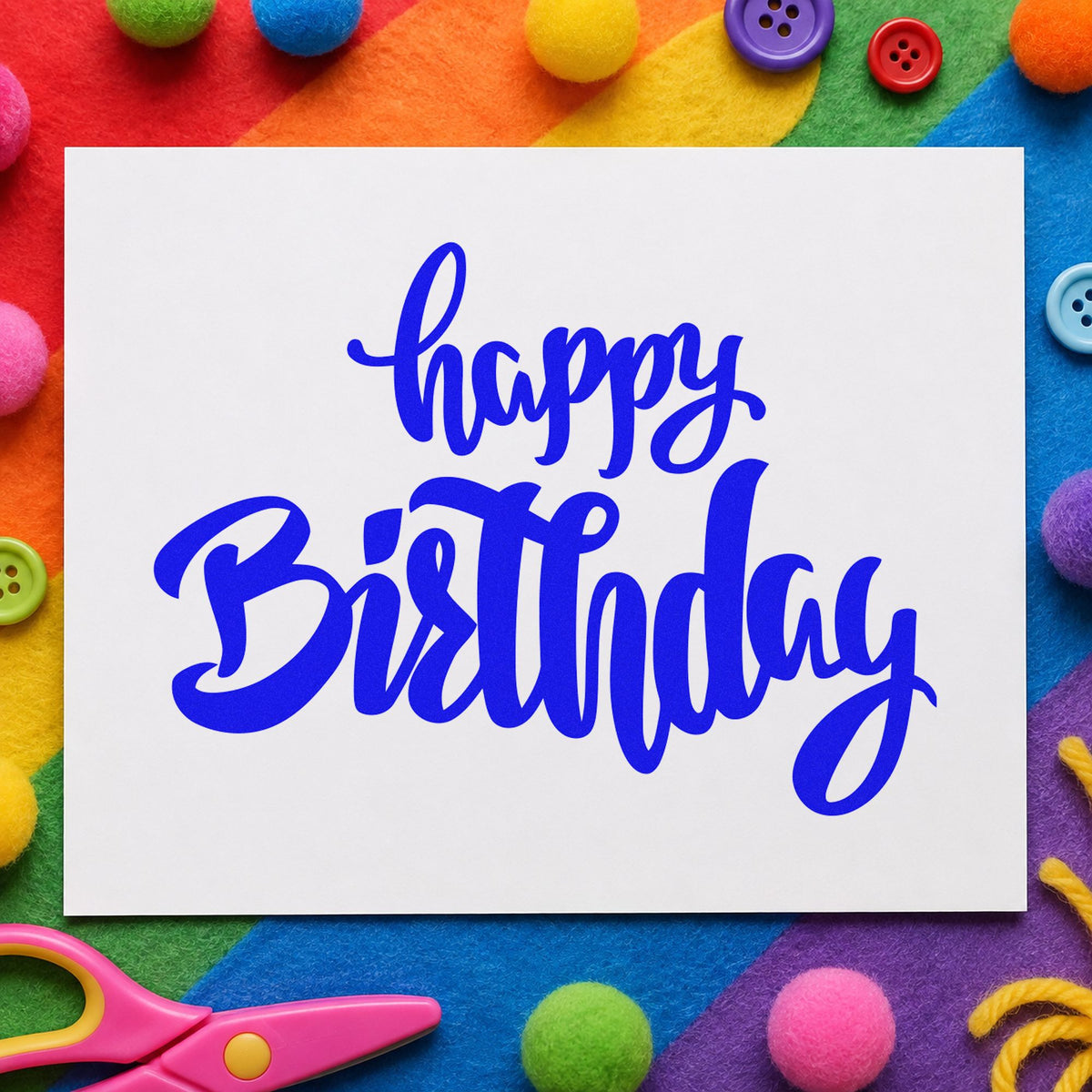 Happy Birthday Heavy Script craft stamp in blue ink on cardstock, an easy option for bar towel printing.