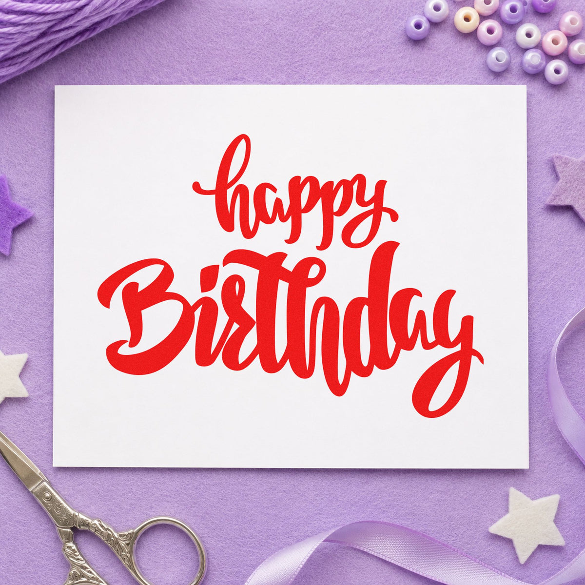 Happy Birthday Heavy Script rubber stamp shown in red ink, stamped for projects such as bin garnish labels.
