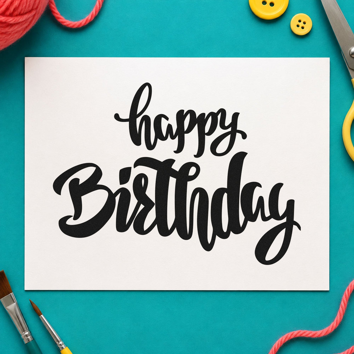 Happy Birthday Heavy Script rubber stamp printed in black ink, ready for thick brush cards and similar paper crafts.