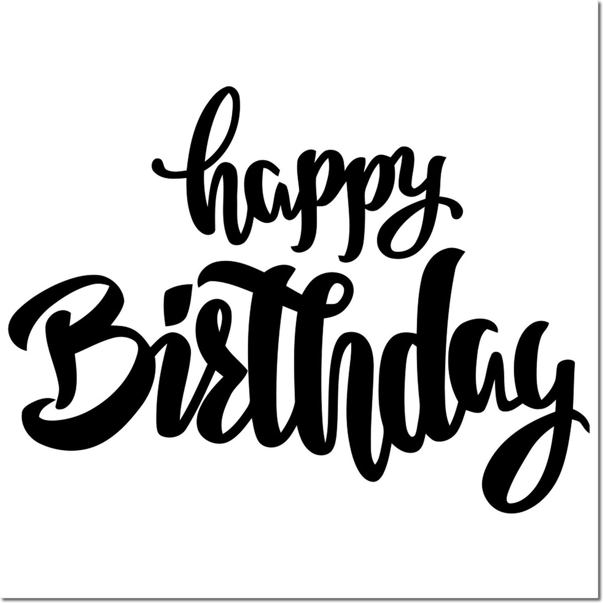 Happy Birthday script rubber stamp design for greeting cards, scrapbooking, and birthday crafts.