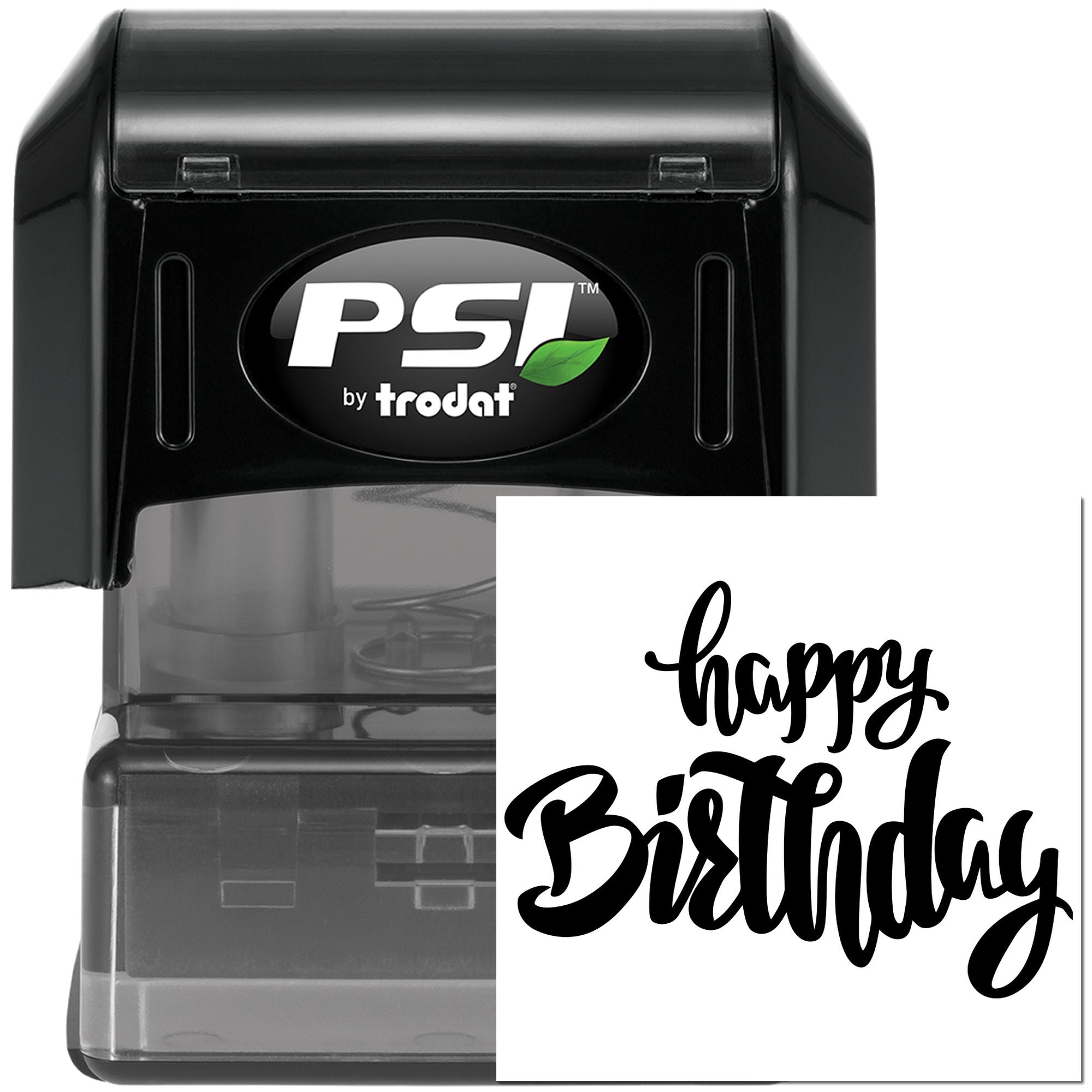 PSI by Trodat self-inking rubber stamp with custom Happy Birthday script for personalized greeting cards, party favors, and event labeling.