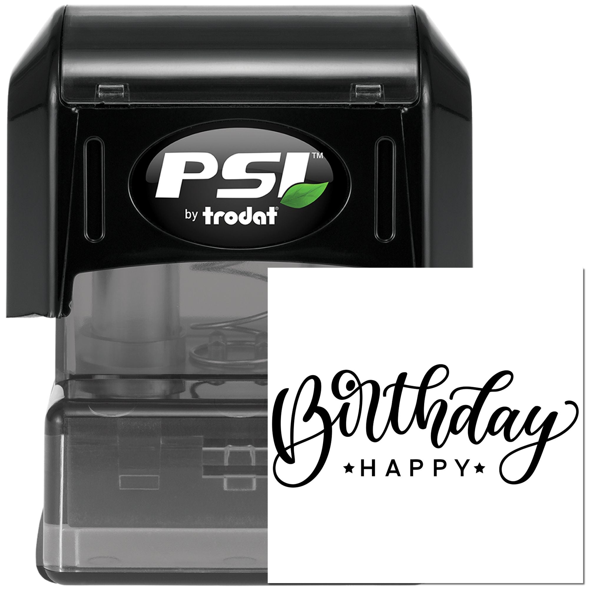PSI by Trodat self-inking rubber stamp with Birthday Happy design for custom birthday cards and party favors.