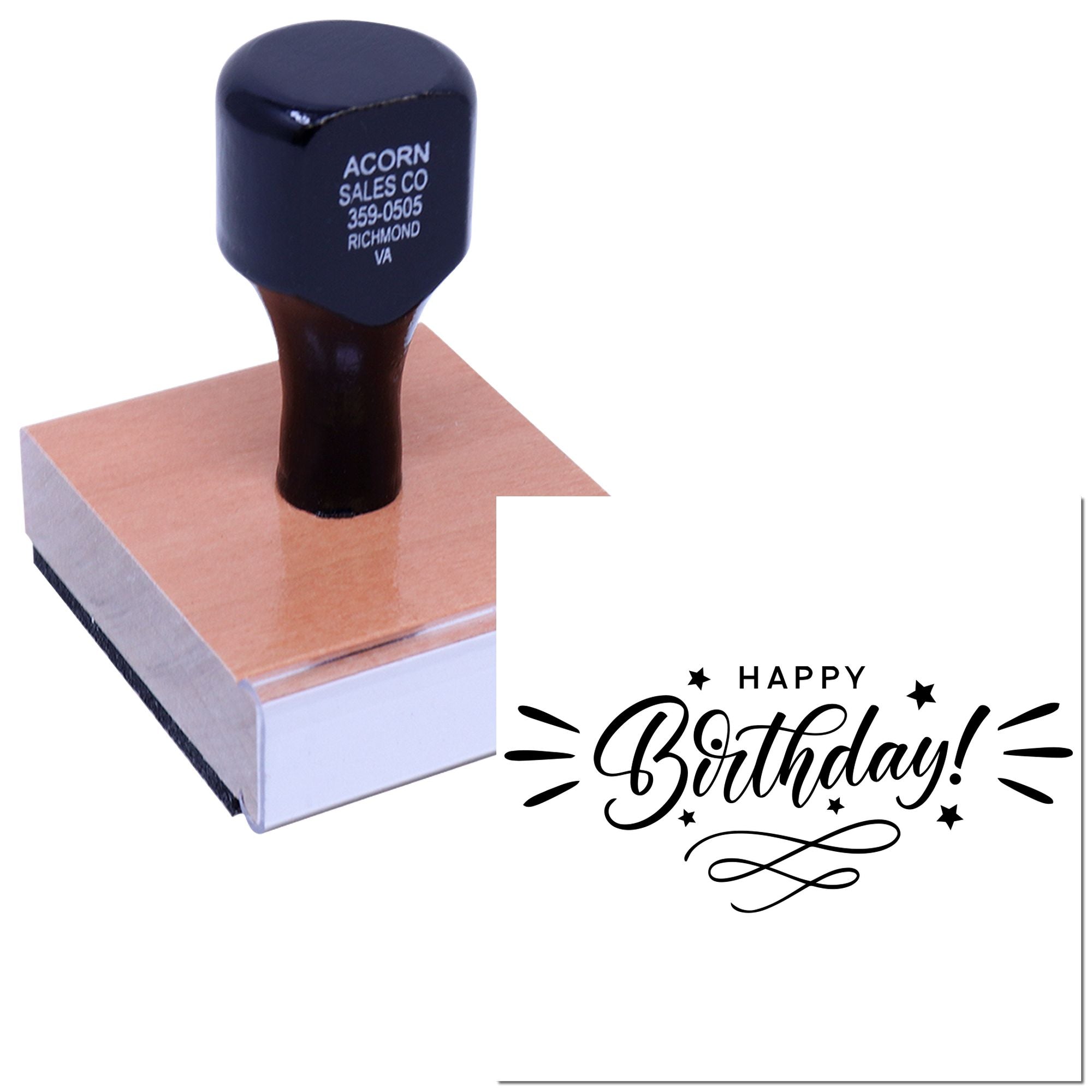 Custom birthday rubber stamp with Happy Birthday design for greeting cards, gift wrapping, and party favors.