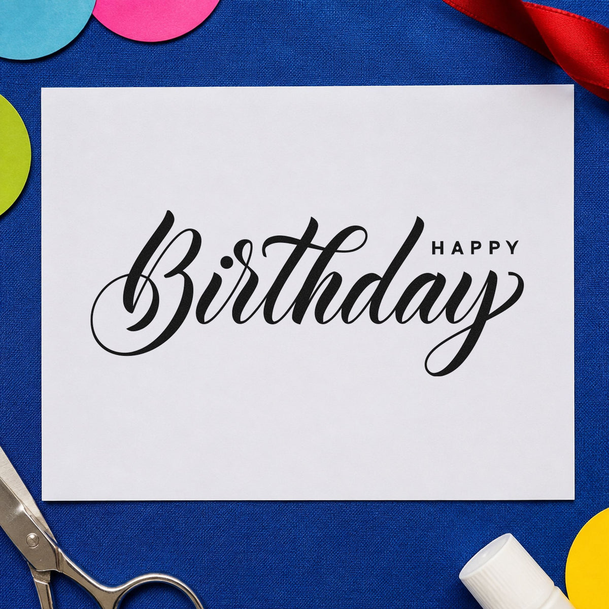 Birthday Script Small Happy craft stamp imprint in black ink on a handmade project, one idea being stitched item tags.