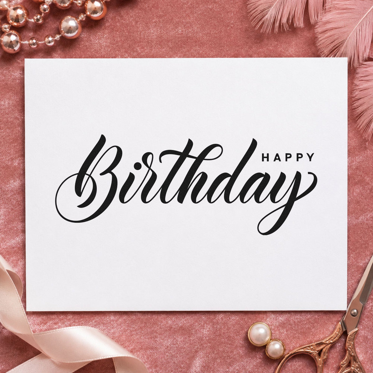 Birthday Script Small Happy rubber stamp printed in black ink, ready for order queue sheet and similar paper crafts.