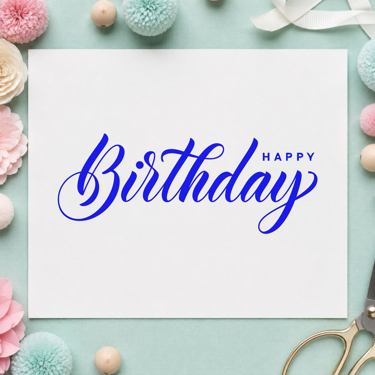 Birthday Script Small Happy craft stamp imprinted in blue ink on paper, a design suited to framed stitch bench.