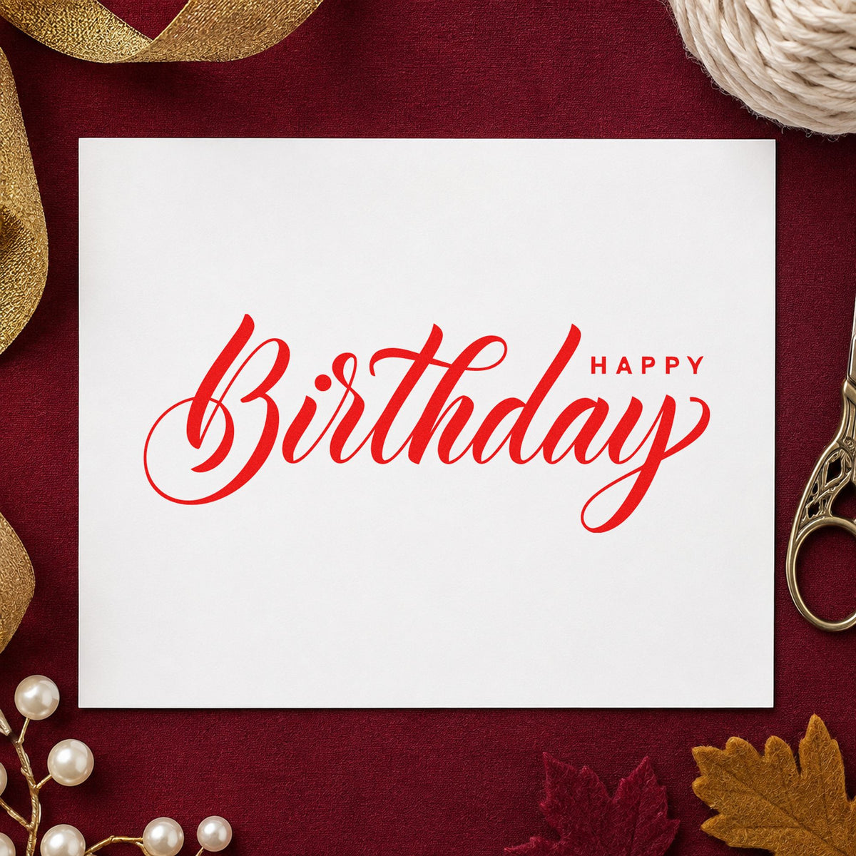 Birthday Script Small Happy rubber stamp shown in red ink, stamped for projects such as drawer thread labels.