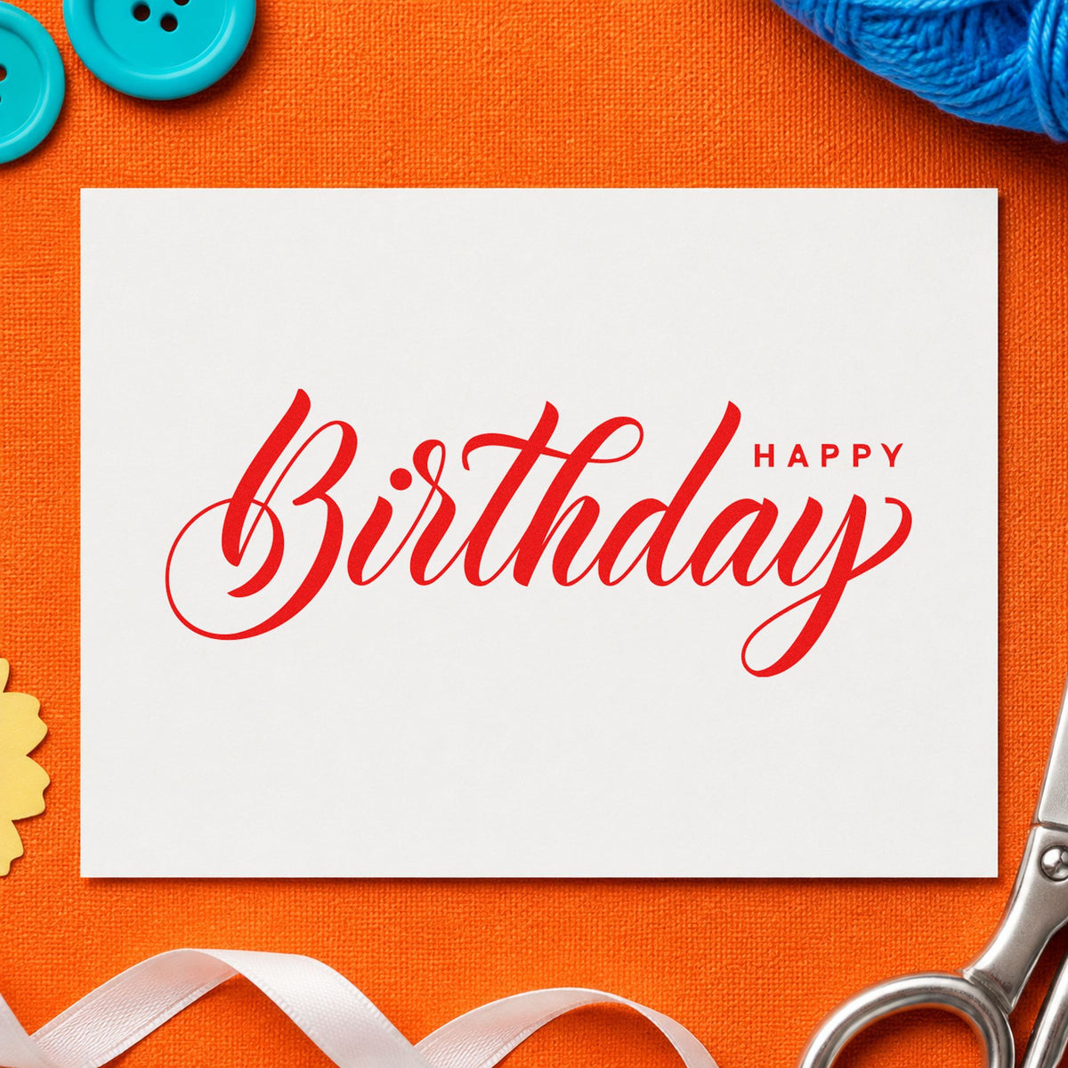 Birthday Script Small Happy craft stamp imprint in red ink on a handmade project, one idea being design proof cards.