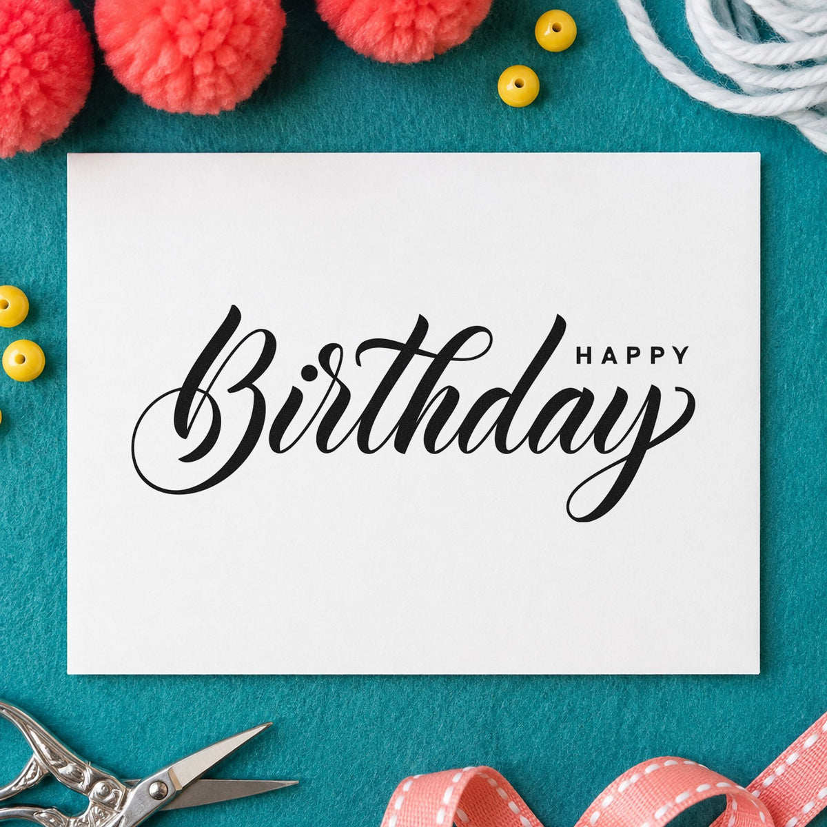 Birthday Script Small Happy rubber stamp printed in black ink, ready for wide flow cards and similar paper crafts.
