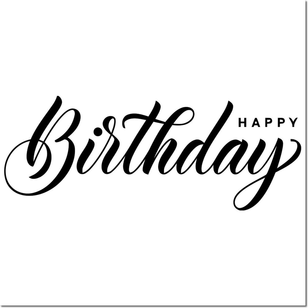Happy Birthday rubber stamp design in elegant script for greeting cards, gift tags, and birthday party crafts.