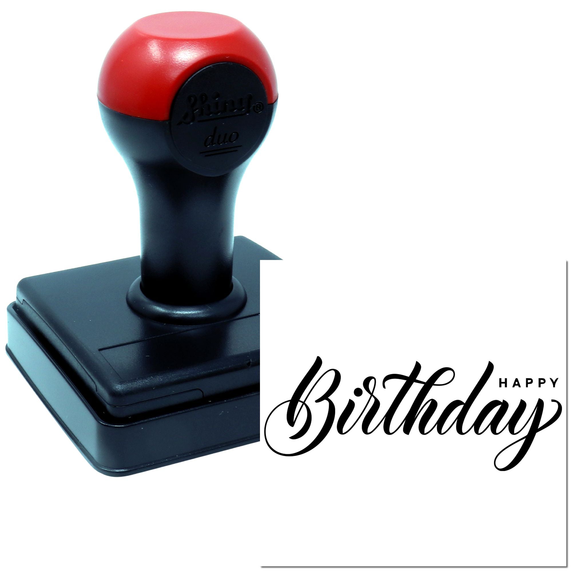 Self-inking rubber stamp with Happy Birthday imprint for custom birthday cards, invitations, and packaging