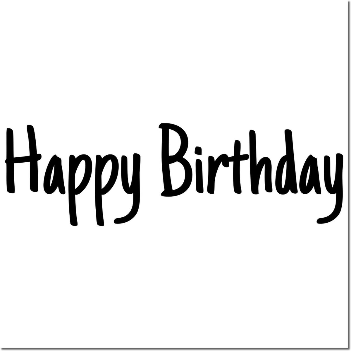 Happy Birthday rubber stamp design in bold black script for birthday cards and gift packaging.