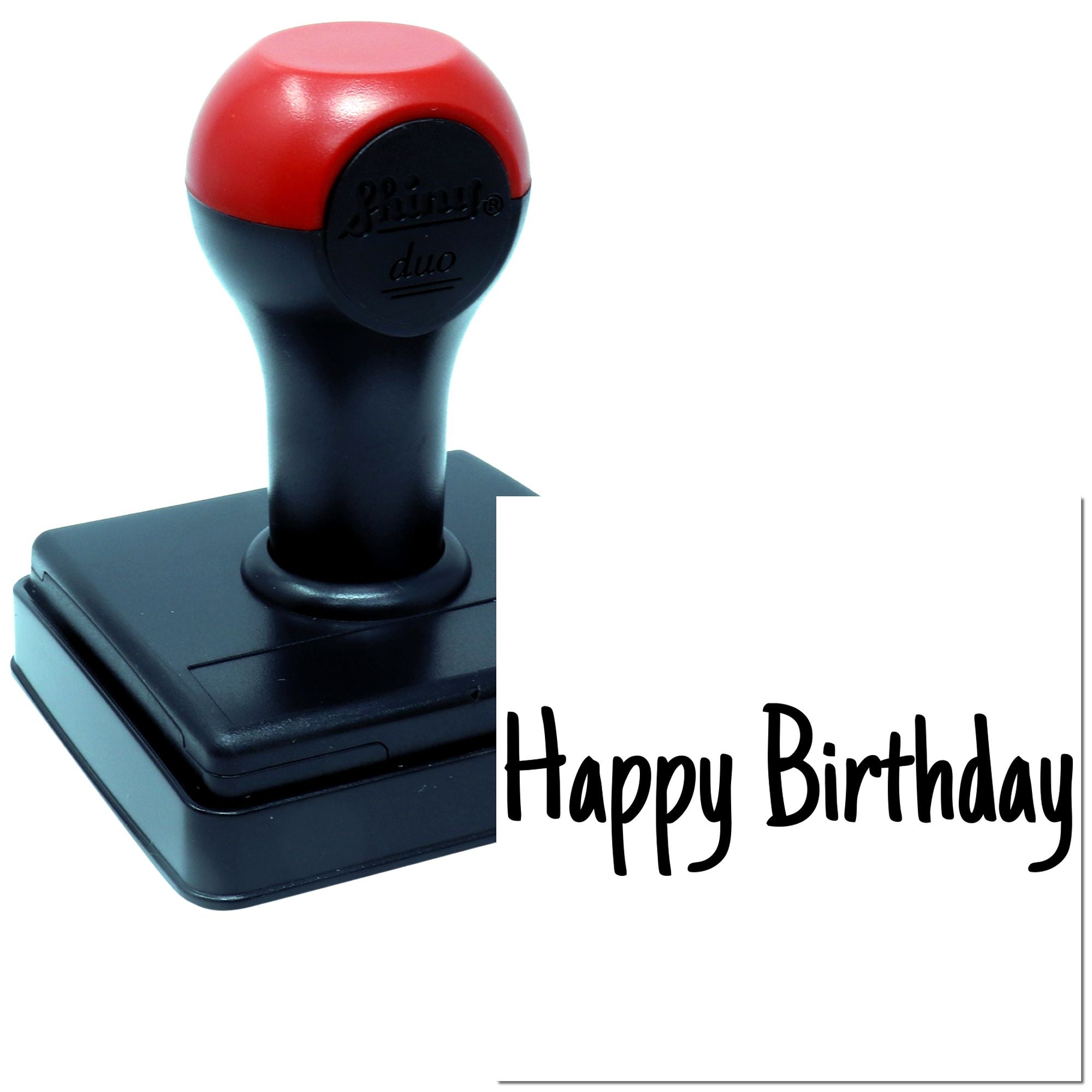 Happy Birthday rubber stamp with self-inking handle, ideal for birthday cards, scrapbooking, and party invitations.