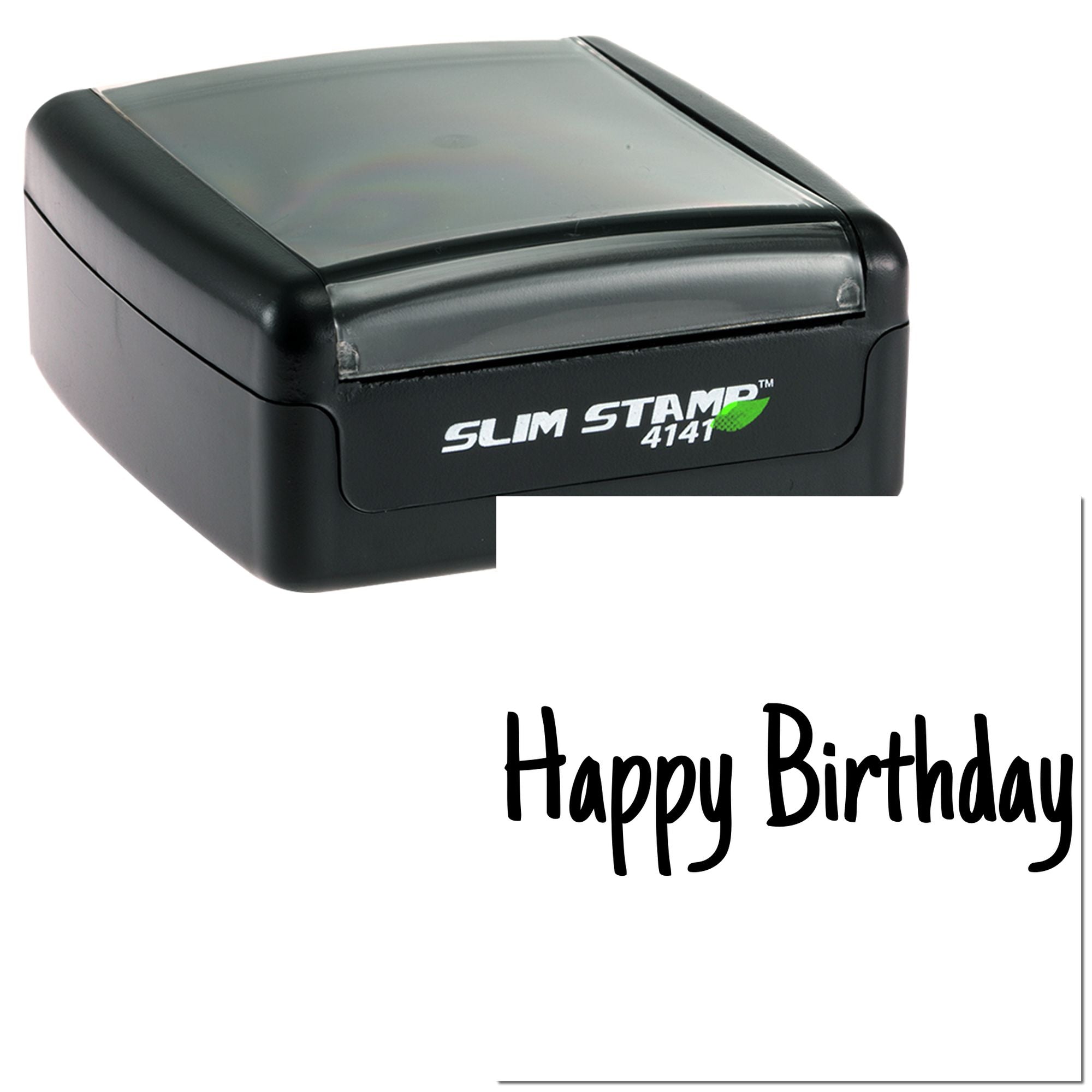 Slim Stamp 4141 self-inking rubber stamp with Happy Birthday design for custom birthday cards, crafts, and packaging.