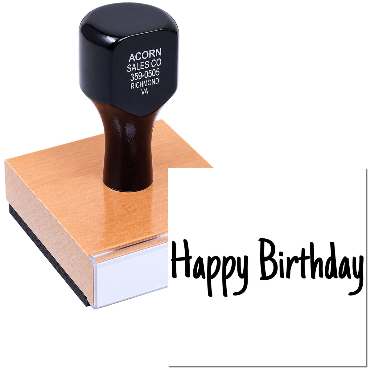 Happy Birthday rubber stamp with custom handle and imprint for birthday cards, crafts, and stationery.