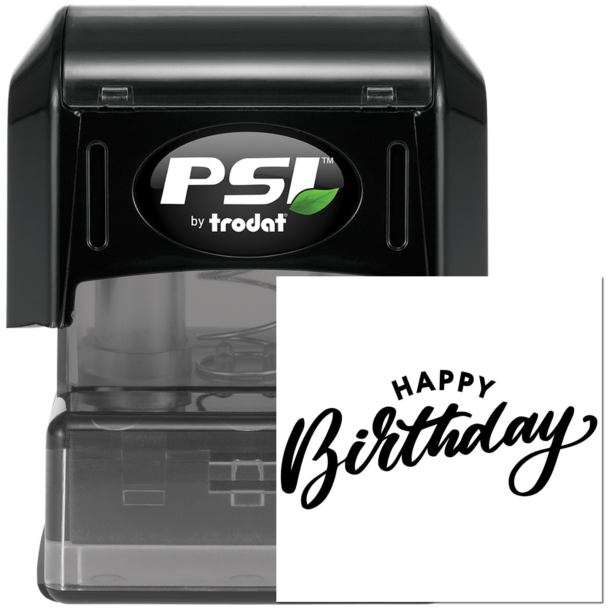 PSI by Trodat self-inking rubber stamp with Happy Birthday imprint for custom birthday cards, invitations, and party packaging.