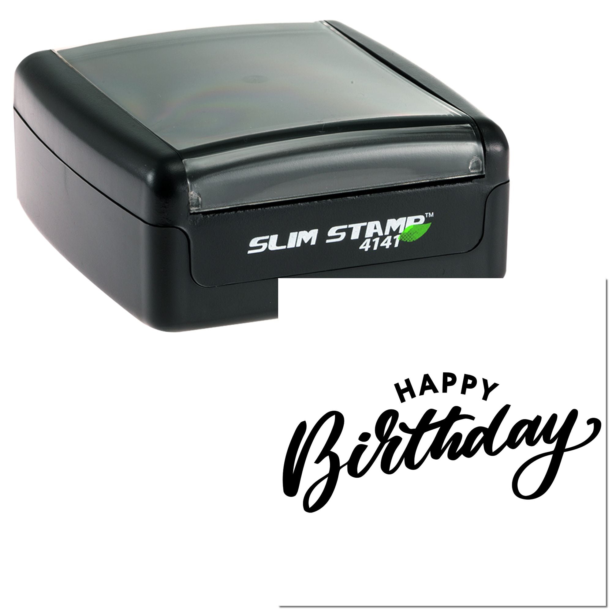 Slim Stamp 4141 self-inking rubber stamp featuring Happy Birthday imprint for custom cards, party favors, and packaging.