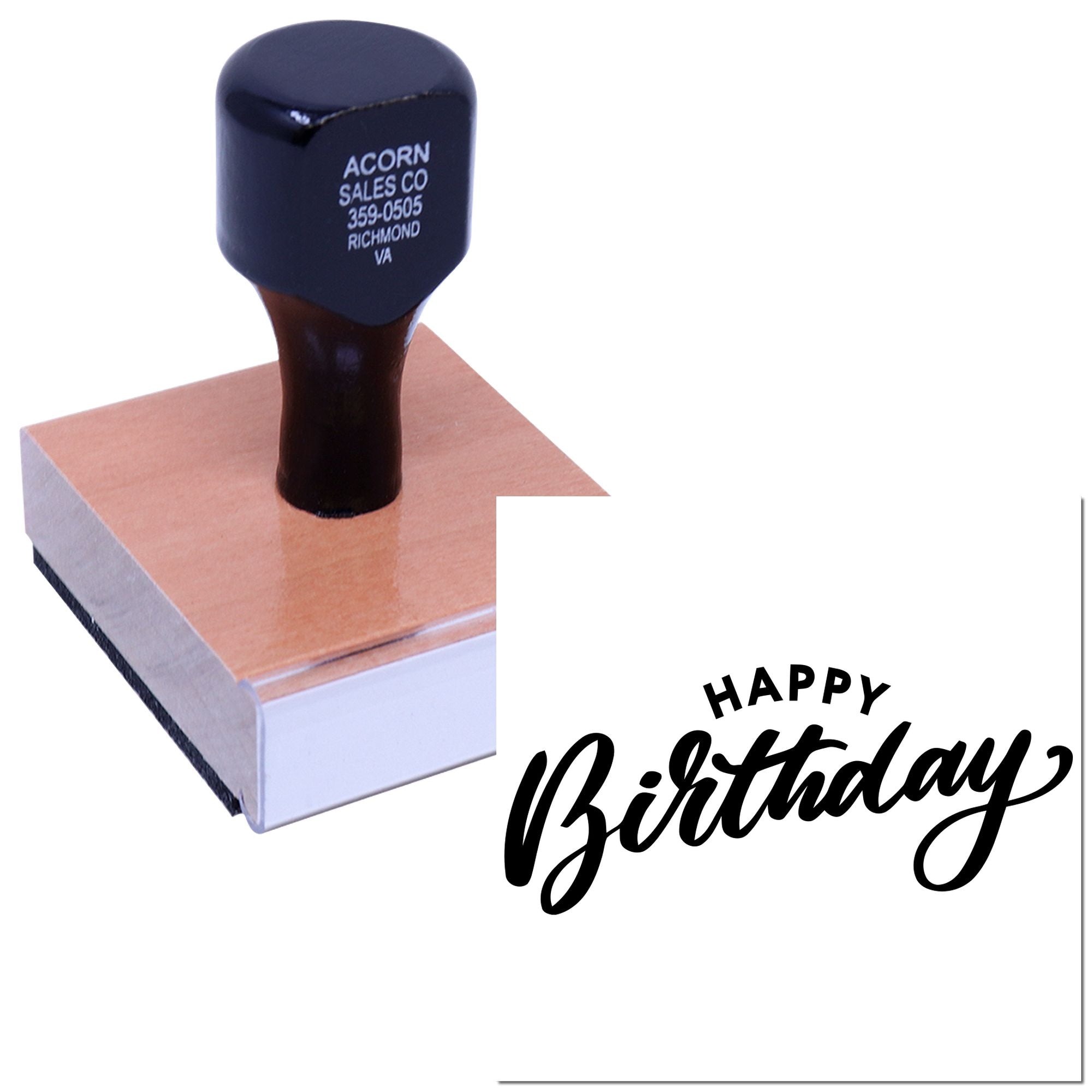 Custom Happy Birthday rubber stamp with wooden handle for greeting cards, invitations, and party packaging.