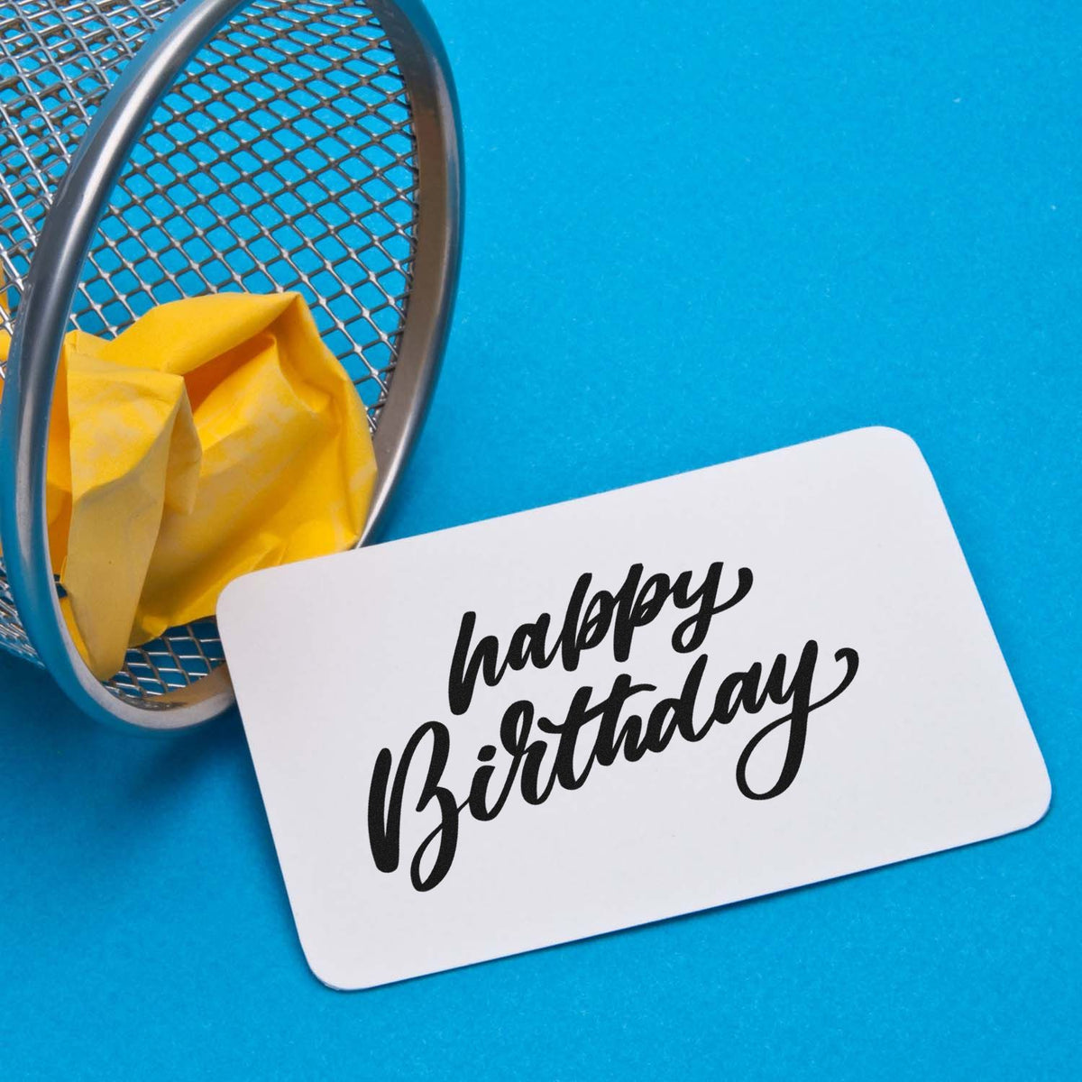 Happy Birthday rubber stamp design on a white card, ideal for handmade birthday card making and paper crafting.