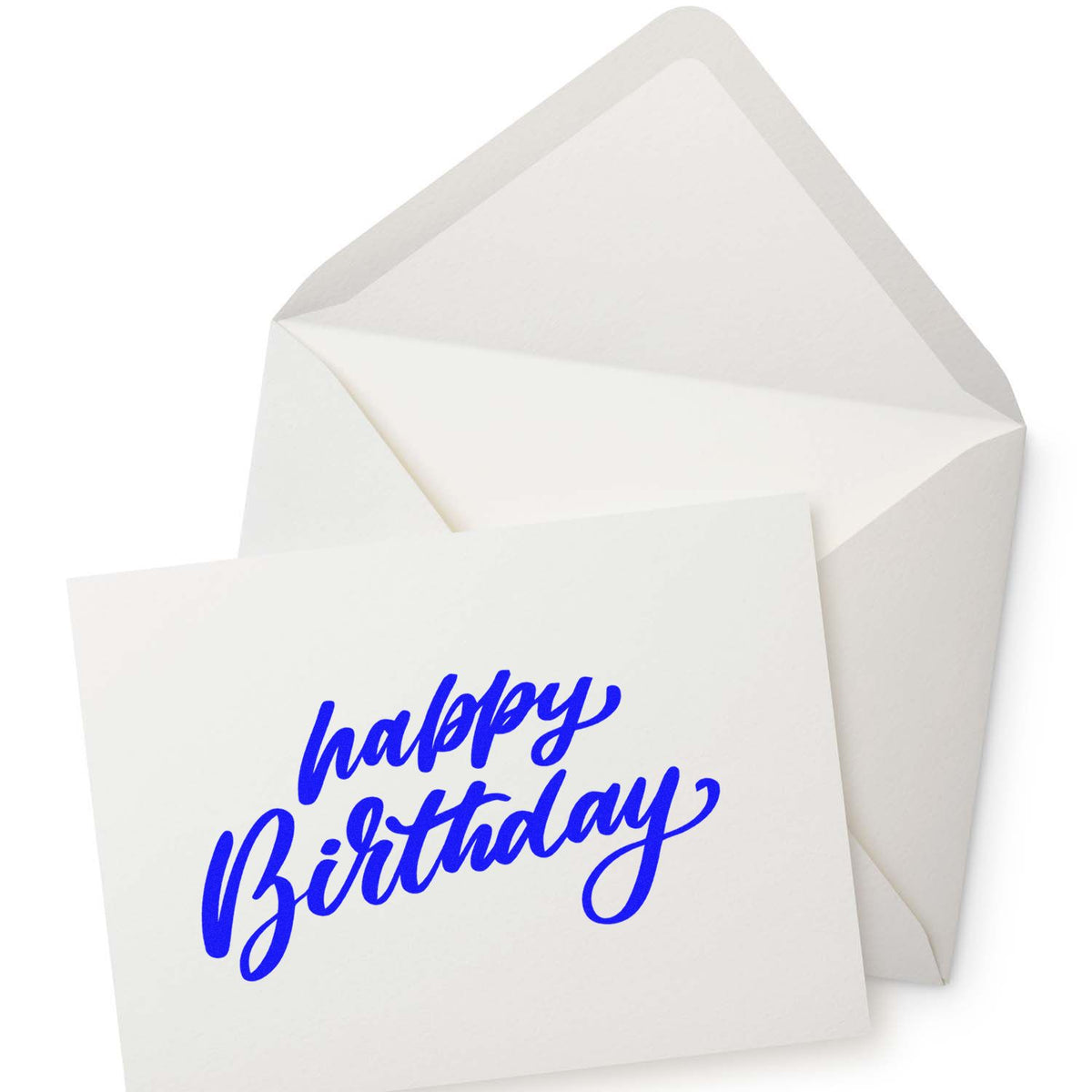Happy Birthday rubber stamp design on white greeting card with envelope, ideal for birthday invitations and handmade card making.