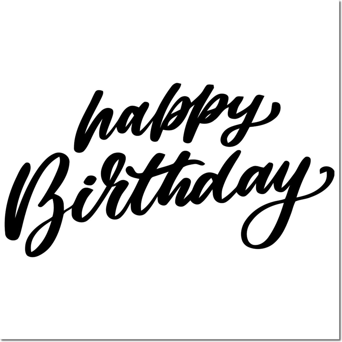 Happy Birthday script rubber stamp design in bold black lettering for greeting cards, party favors, and gift packaging.