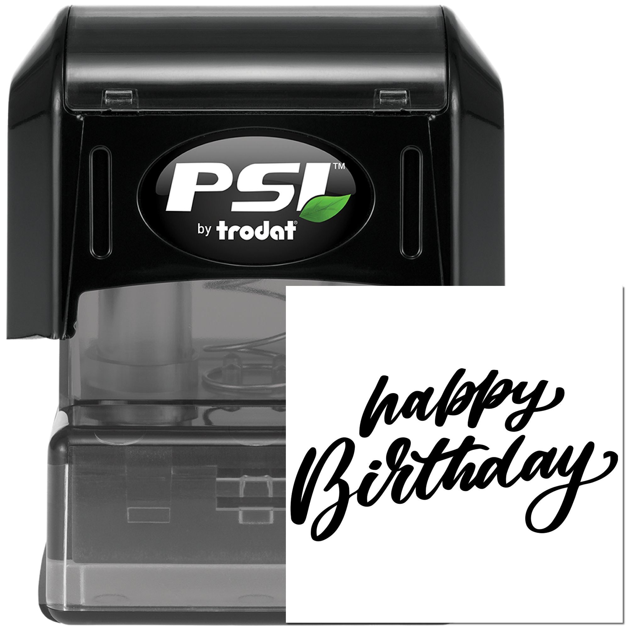 PSI by Trodat self-inking rubber stamp with custom Happy Birthday imprint for cards and packaging