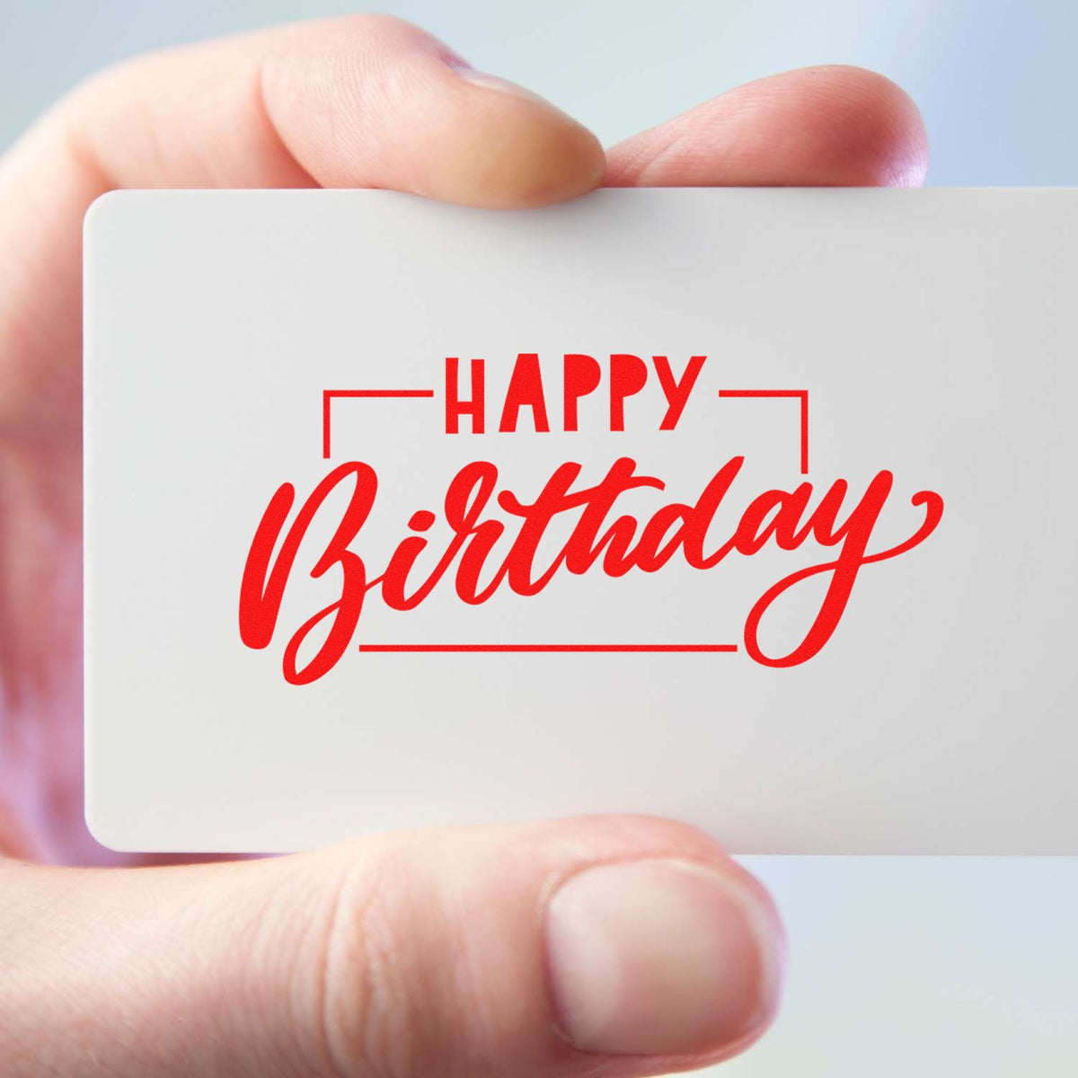 Birthday Script Rectangular Frame rubber stamp shown in red ink, stamped for projects such as sign hire album page.