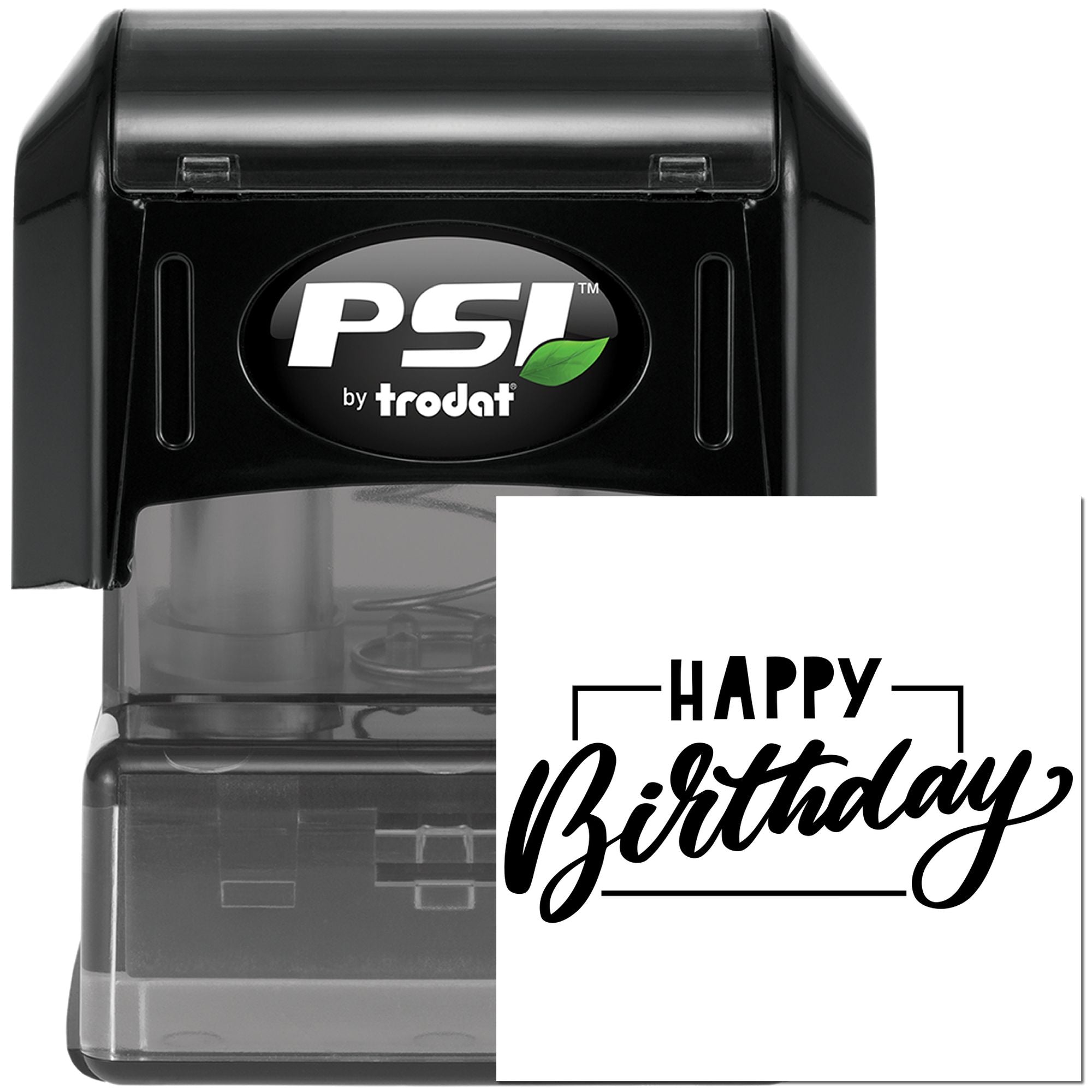 PSI by Trodat self-inking rubber stamp with Happy Birthday imprint for custom birthday cards and event stamping.