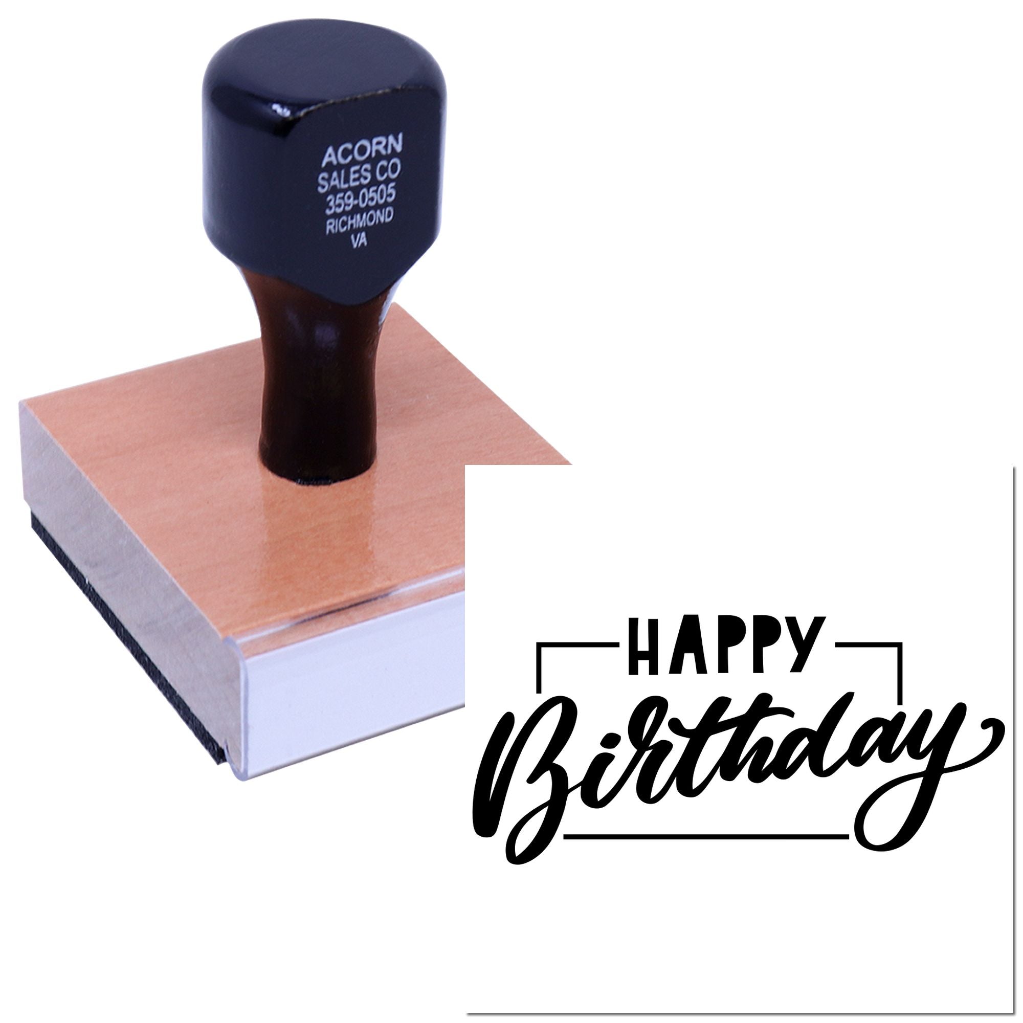 Custom rubber stamp with Happy Birthday design for personalized cards, scrapbooking, and party craft projects.