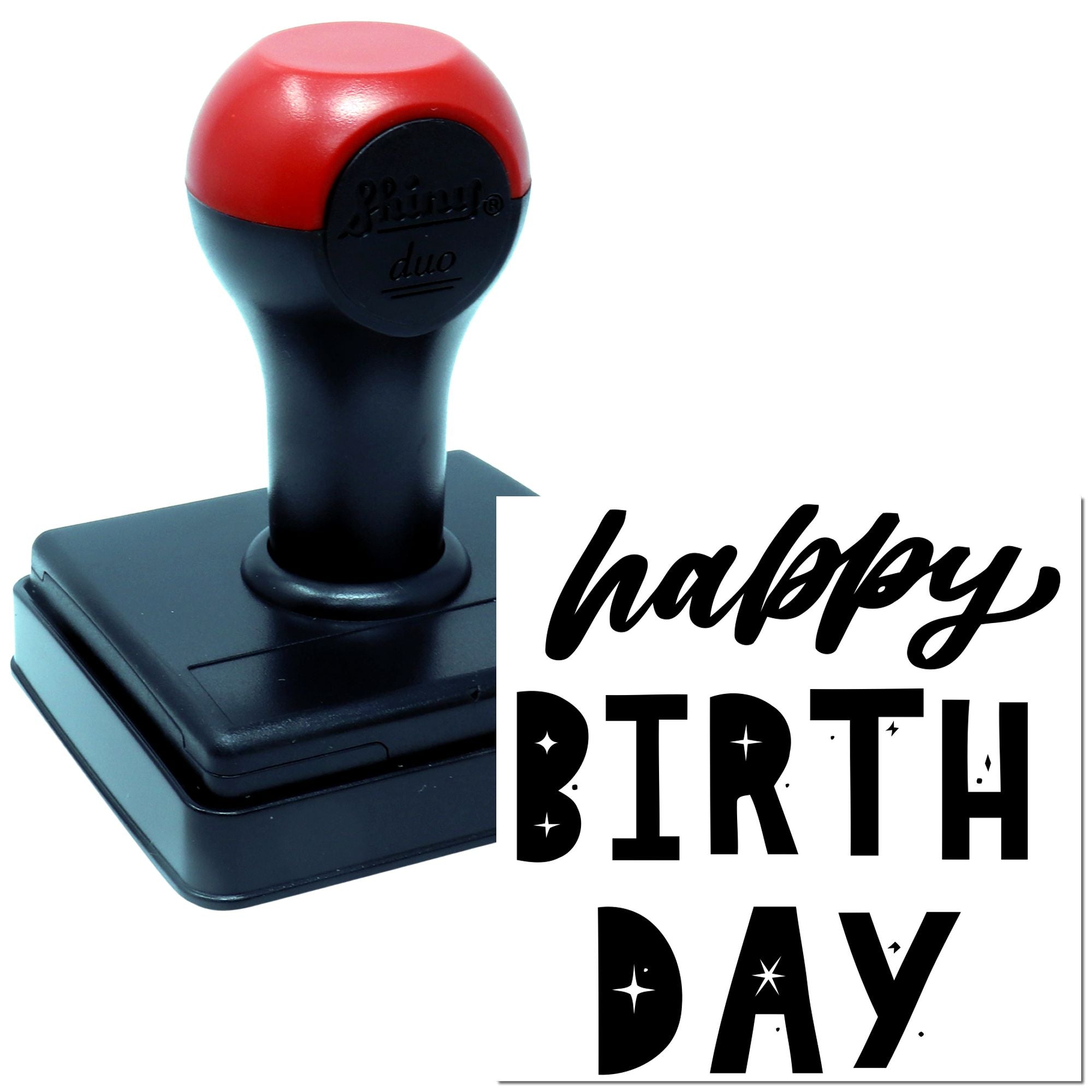 Happy Birthday rubber stamp with self-inking handle for cards, party invitations, scrapbooking, and gift packaging.