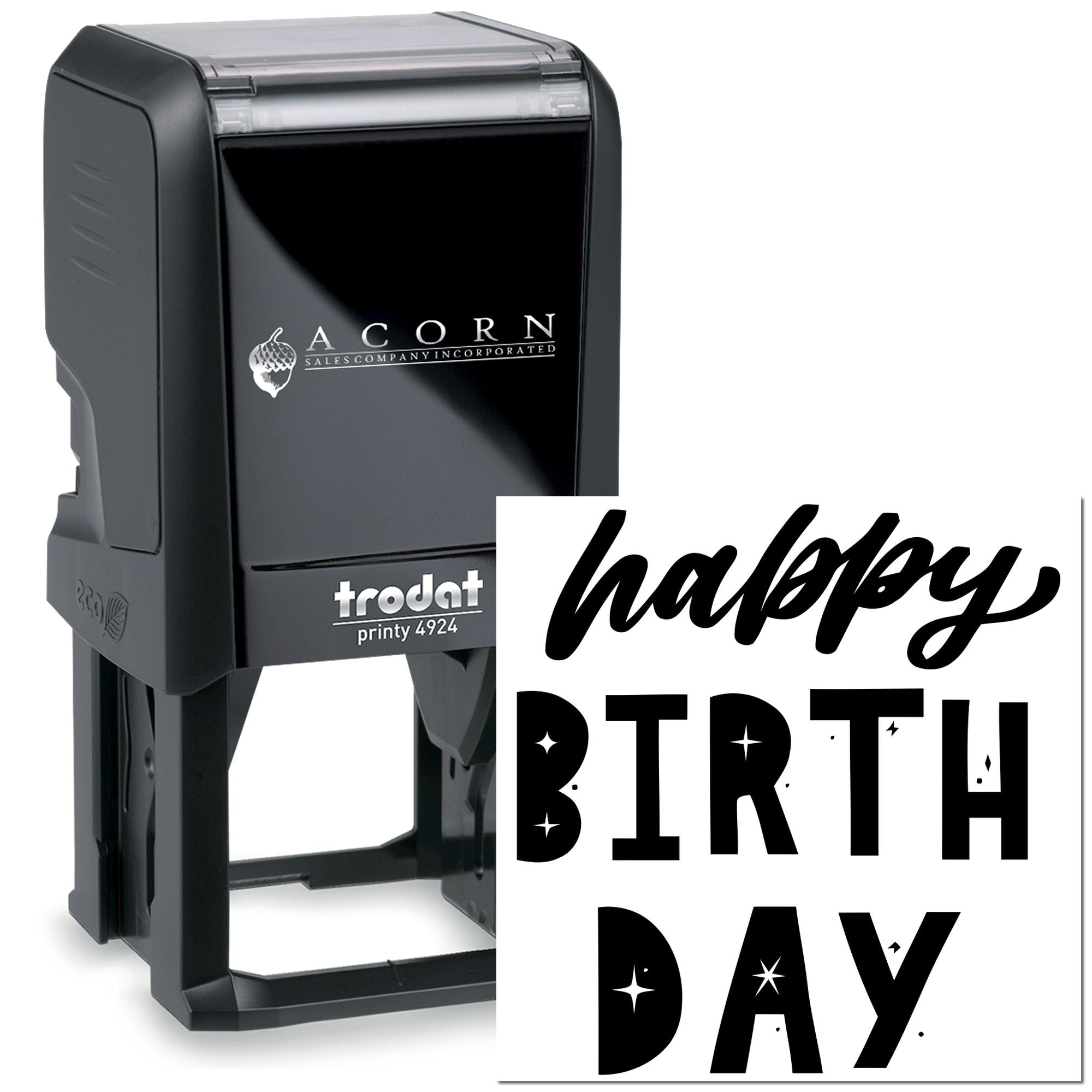 Custom self-inking rubber stamp with Happy Birthday design, ideal for personalized birthday cards and party stationery.