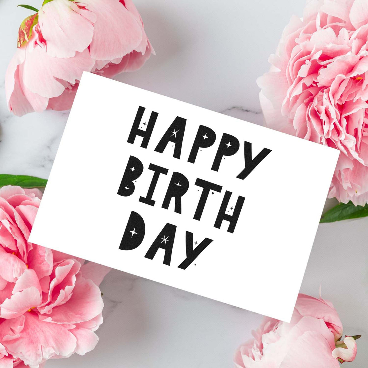 Happy Birthday rubber stamp design with bold star accents, perfect for floral birthday cards and handmade gifts.